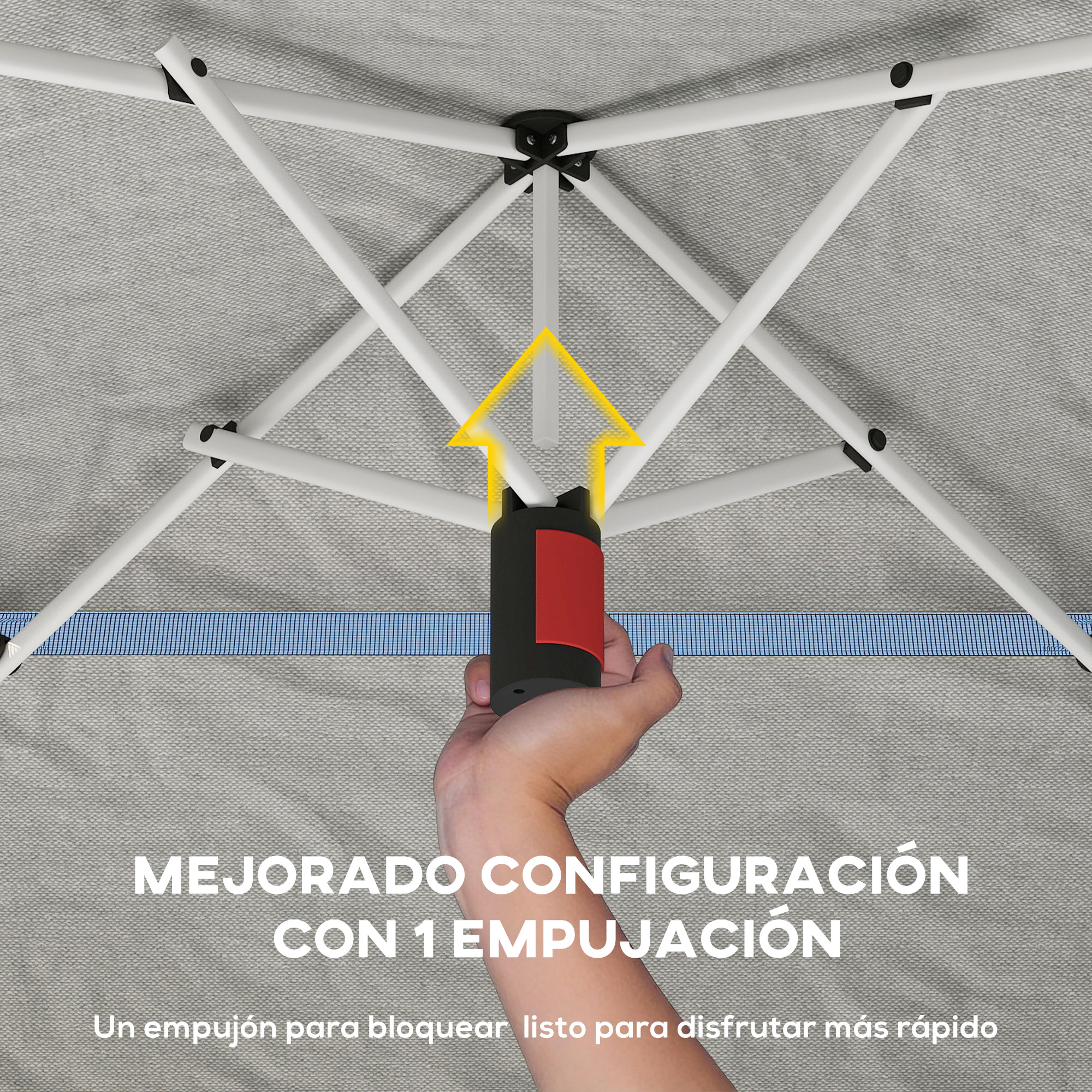 Una mano presiona un mecanismo de bloqueo negro, resaltado por una flecha amarilla.