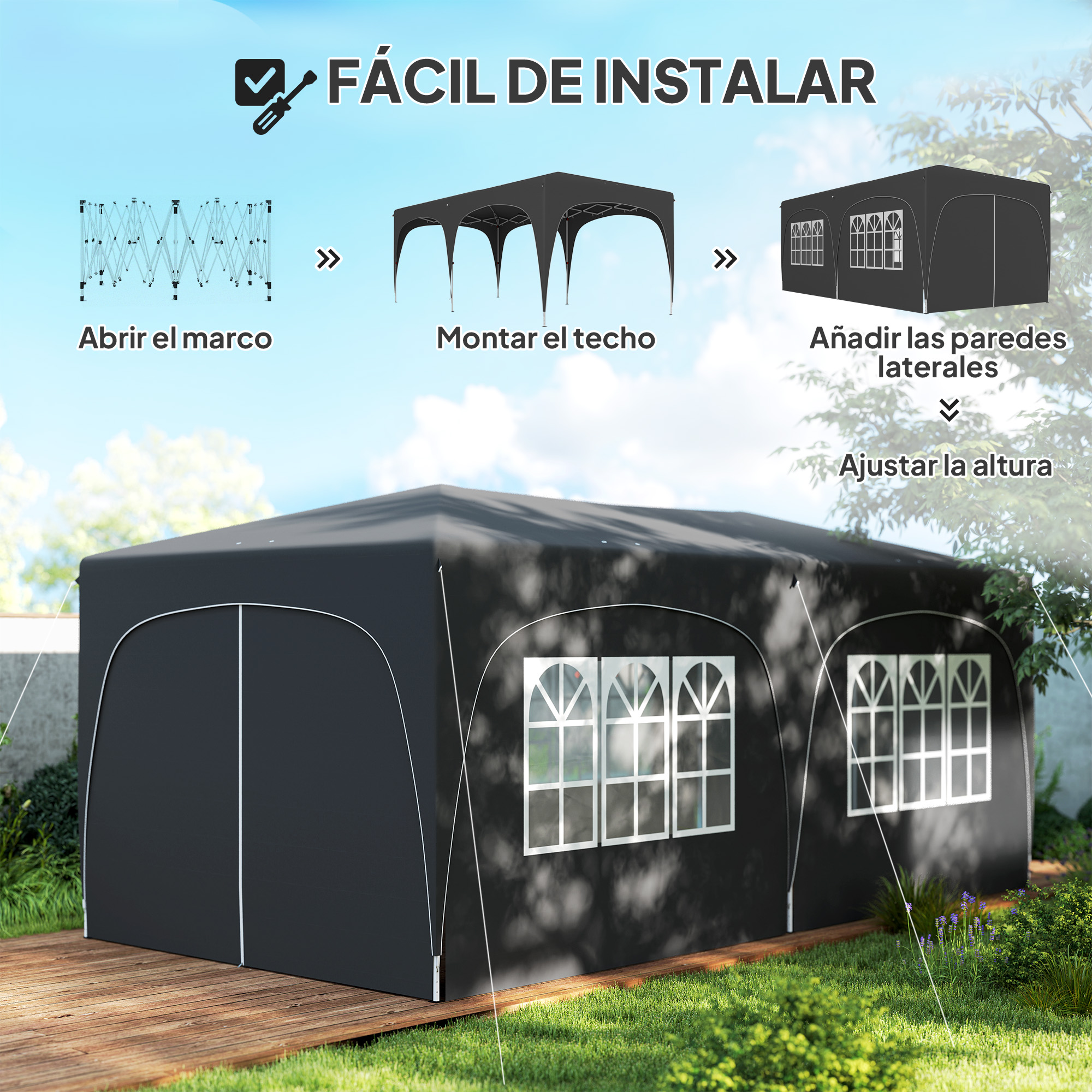Carpa negra con ventanas sobre tarima de madera y césped al aire libre.