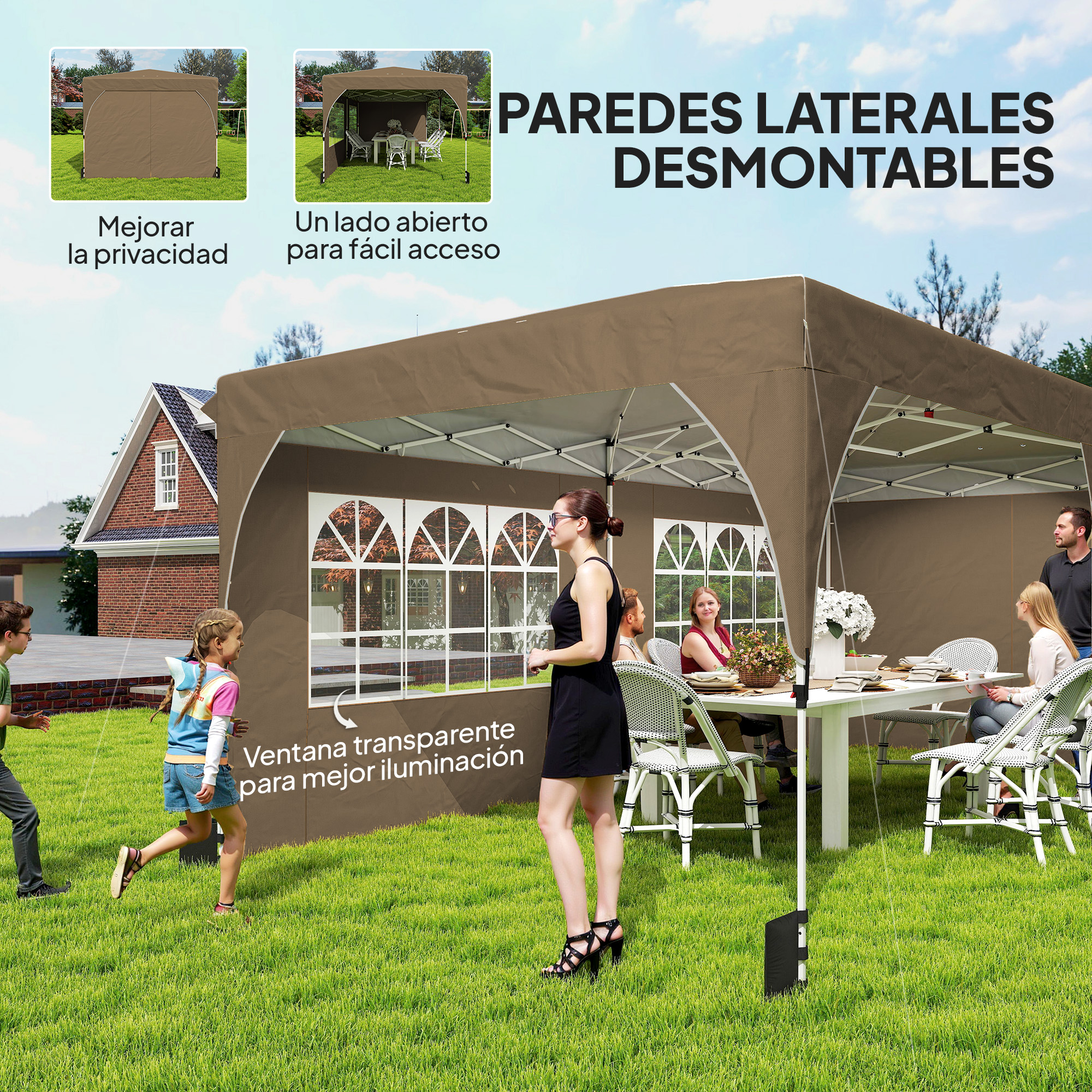 Carpa marrón con ventanas, gente sentada fuera en una mesa.