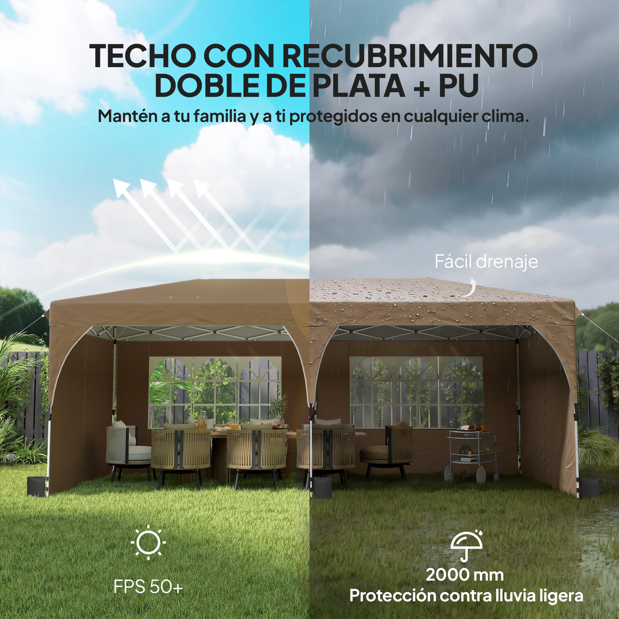Una carpa marrón con muebles en un jardín, dividida entre sol y lluvia.