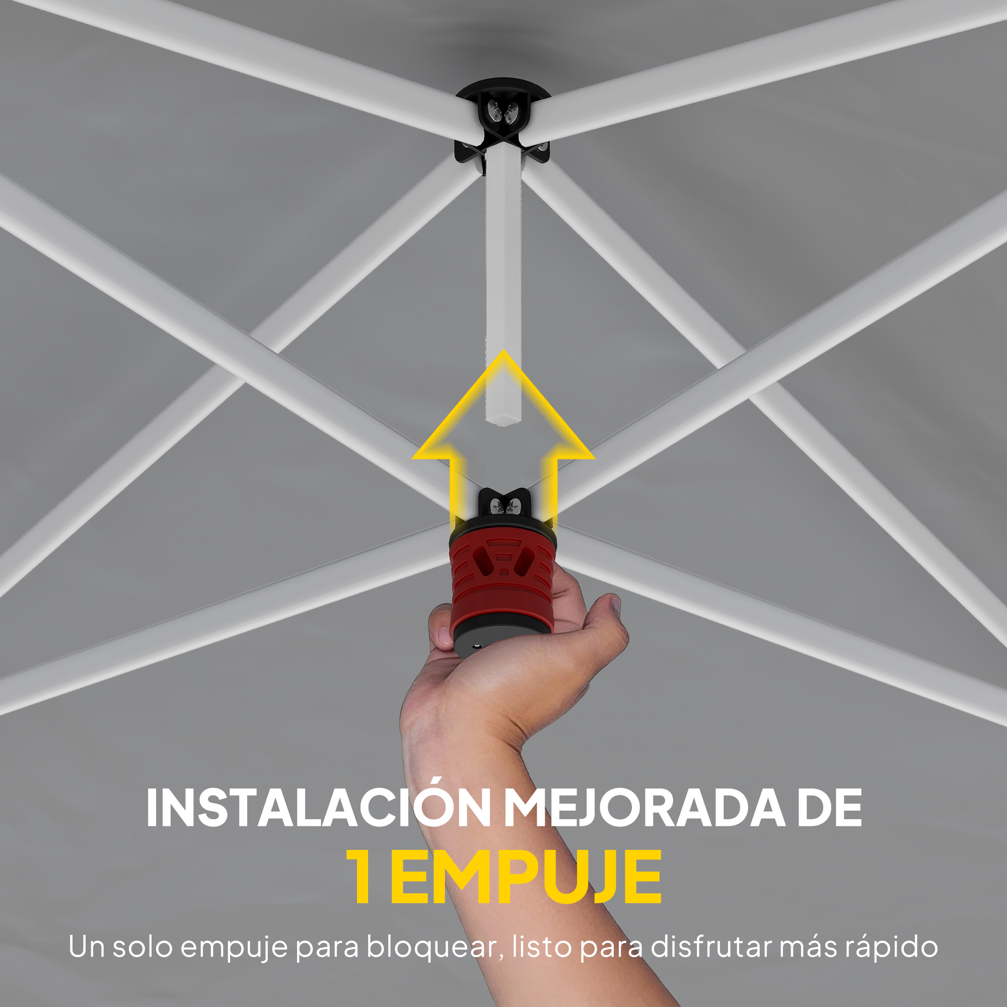 Una mano empuja un conector rojo en la estructura de una carpa. Montaje fácil.