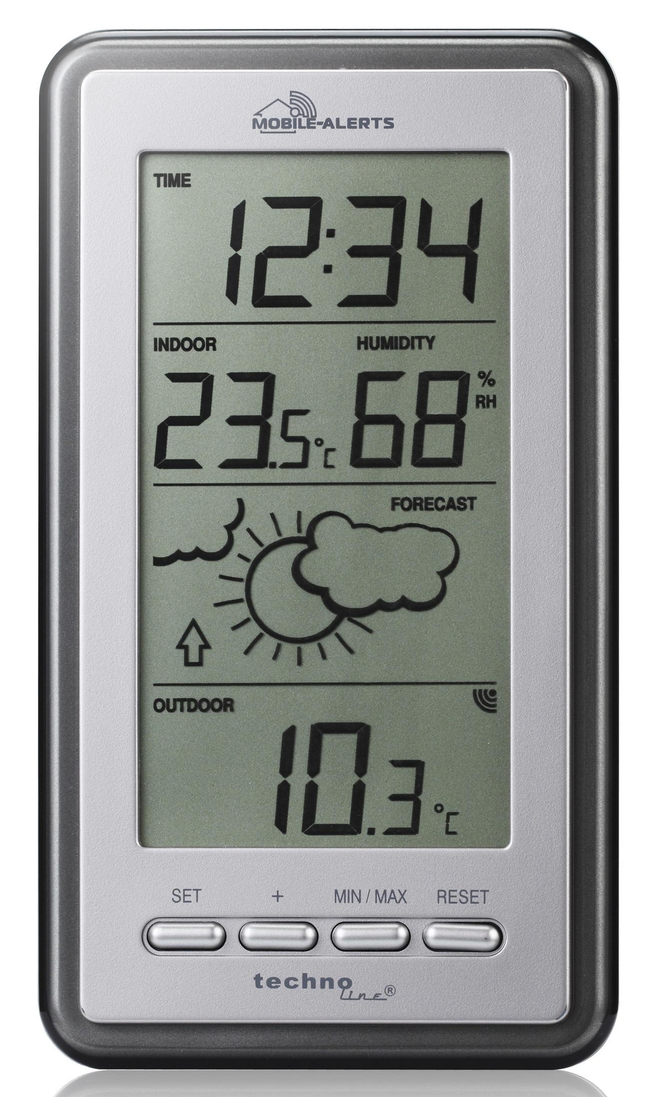 Horloge numérique affiche l'heure, la température int/ext, l'humidité et la météo.