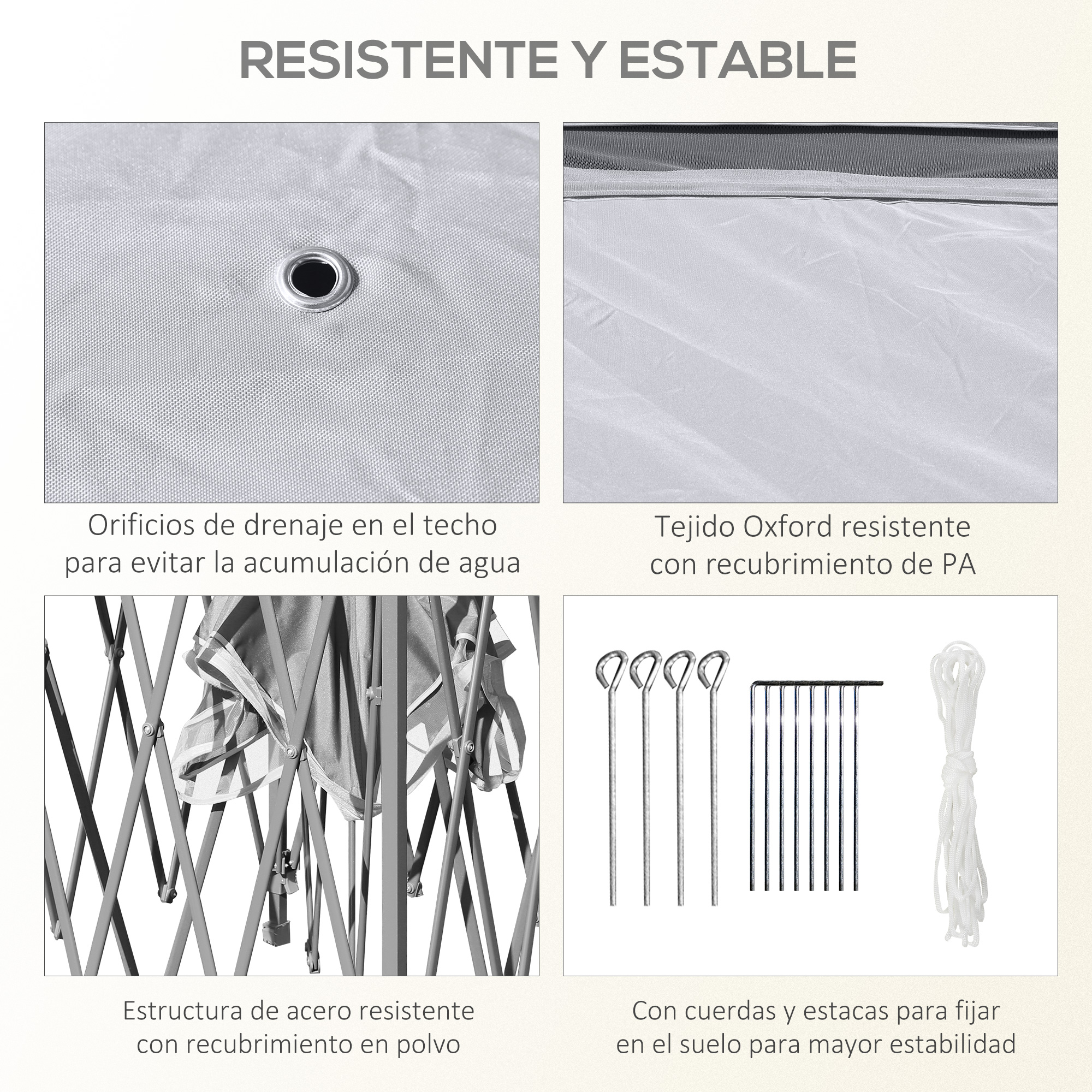 Características de una carpa: agujeros de drenaje, tela Oxford, marco de acero y estacas.