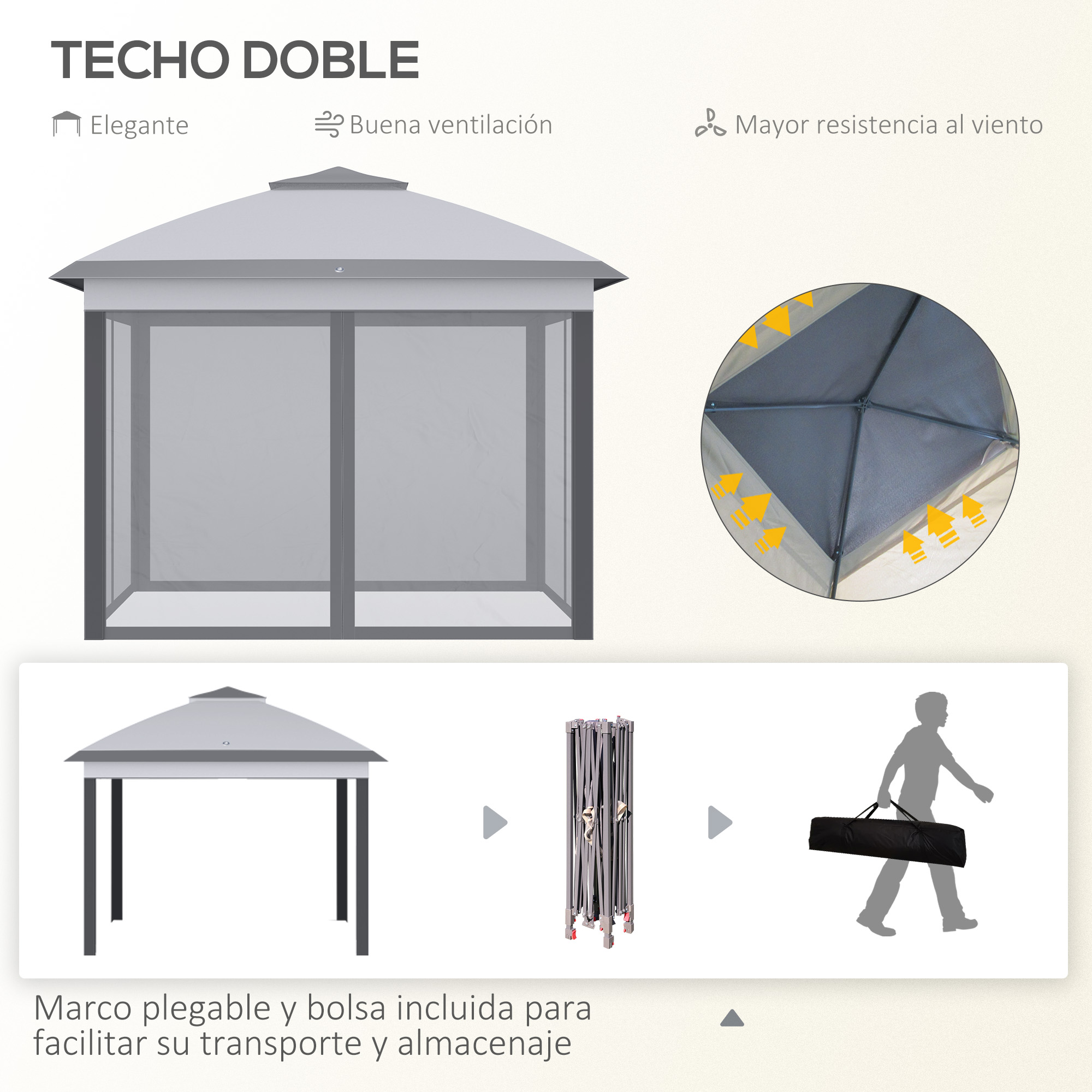 Un cenador gris con techo doble, marco plegable y bolsa.
