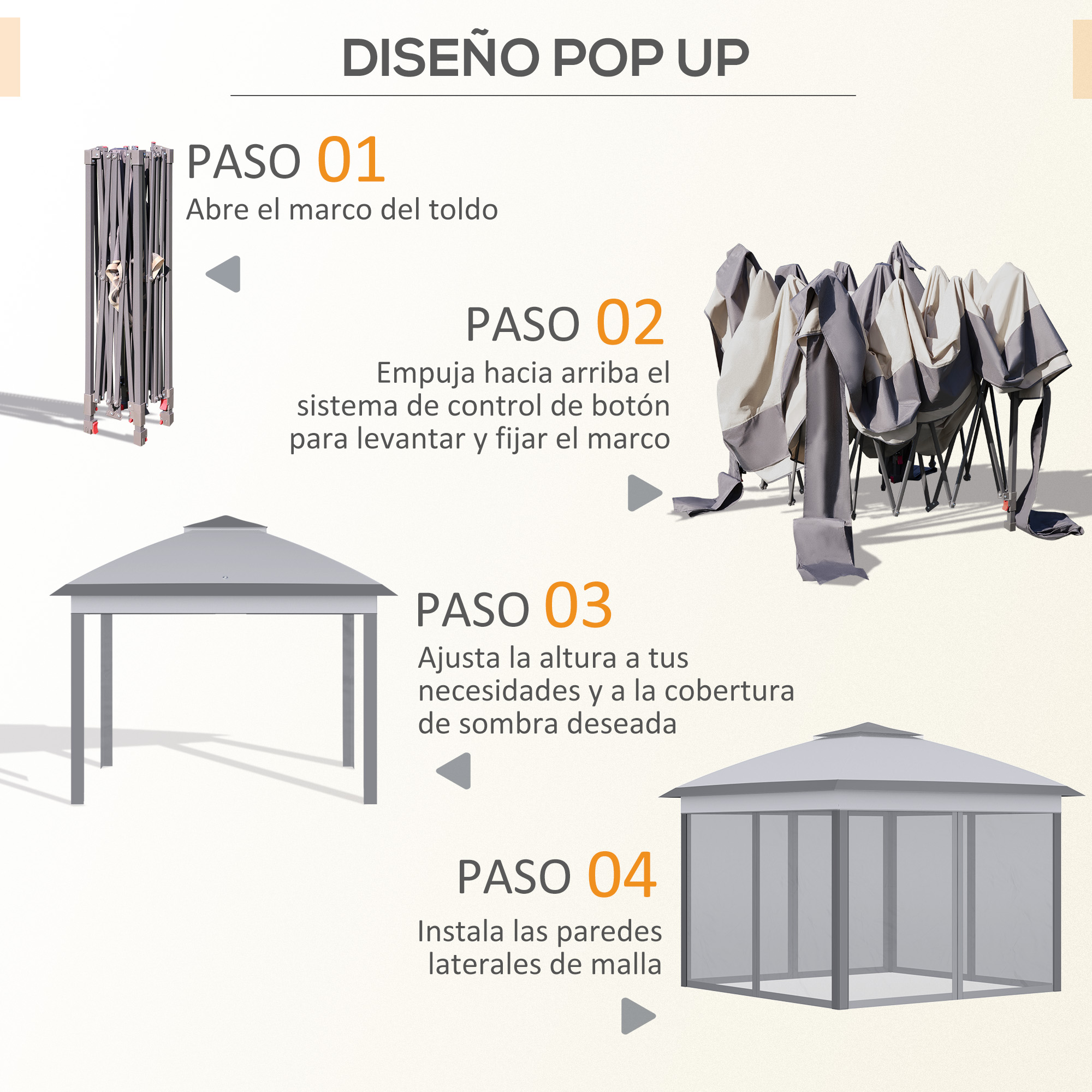 Instrucciones paso a paso para montar una carpa plegable con ilustraciones.