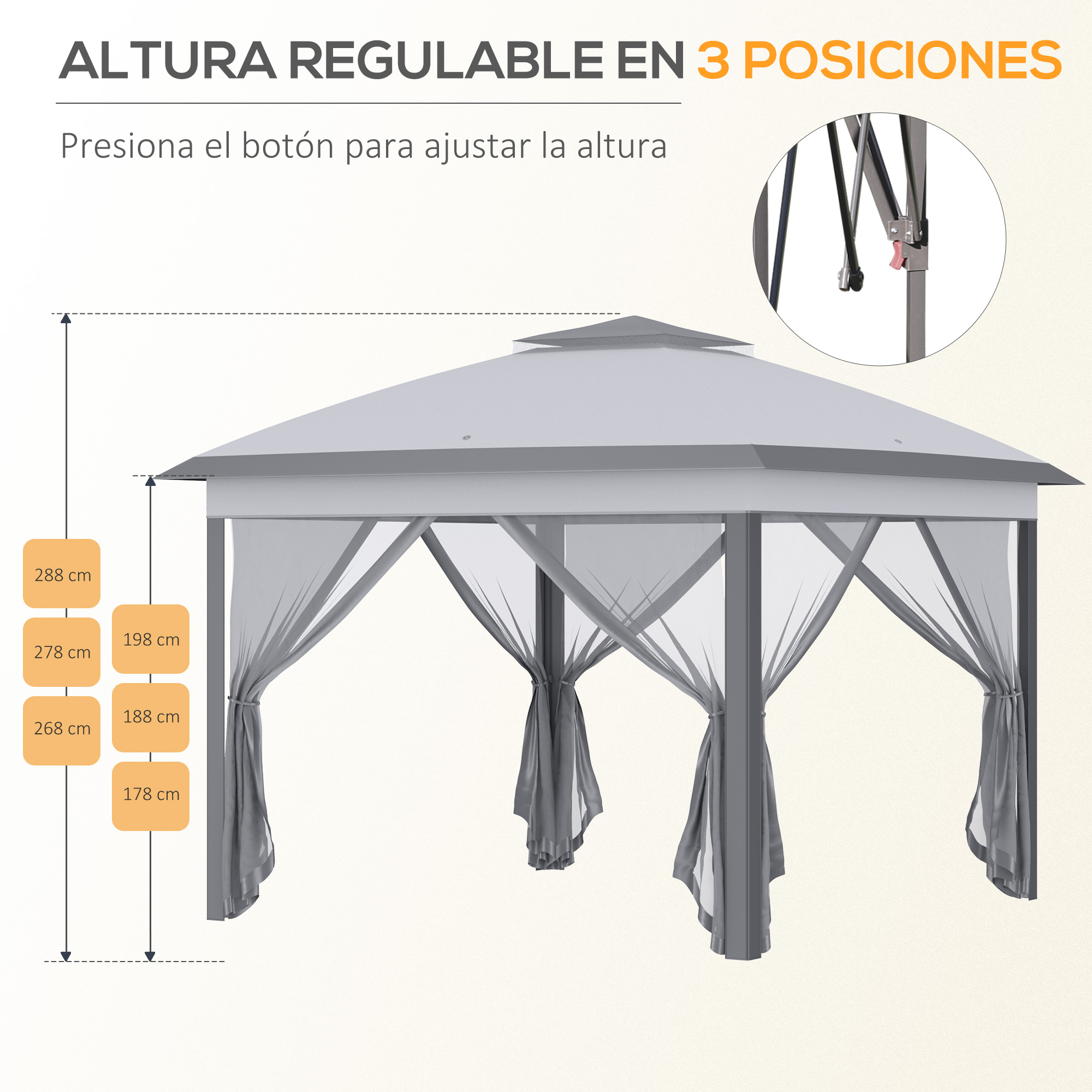 Pérgola gris con altura ajustable y medidas.