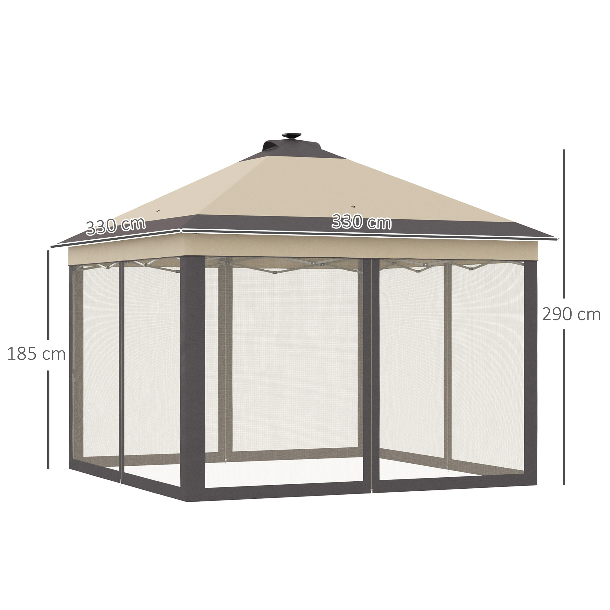 Un cenador rectangular con mosquitero y techo beige.