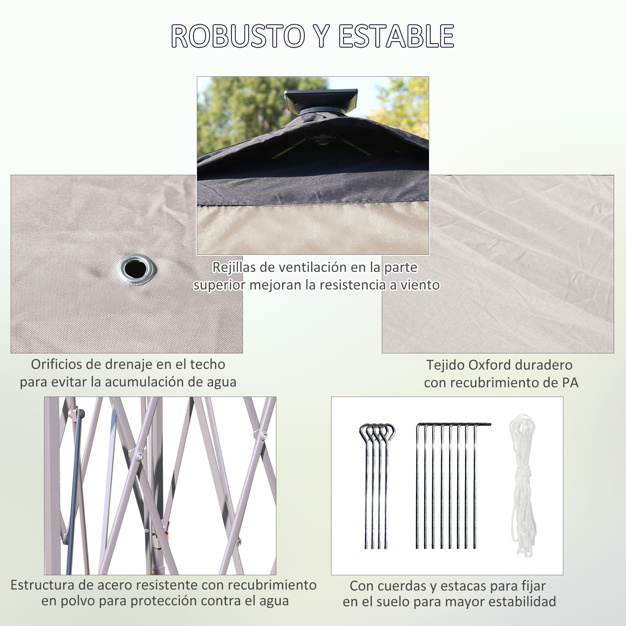 Vistas detalladas de un gazebo con estructura de acero, tela Oxford, ventilación y estacas.