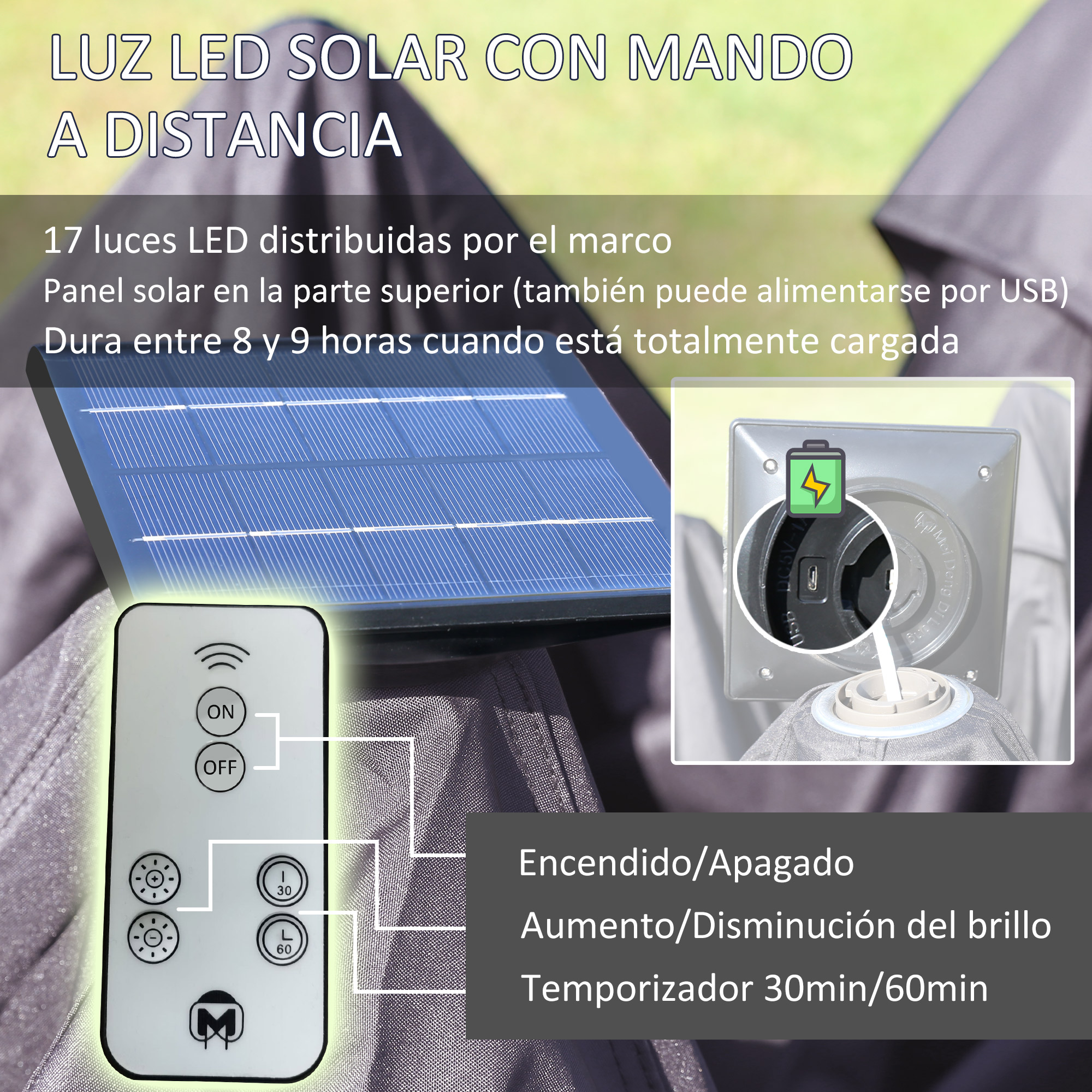 Luz LED solar con mando, panel solar, puerto USB y funciones de temporizador.