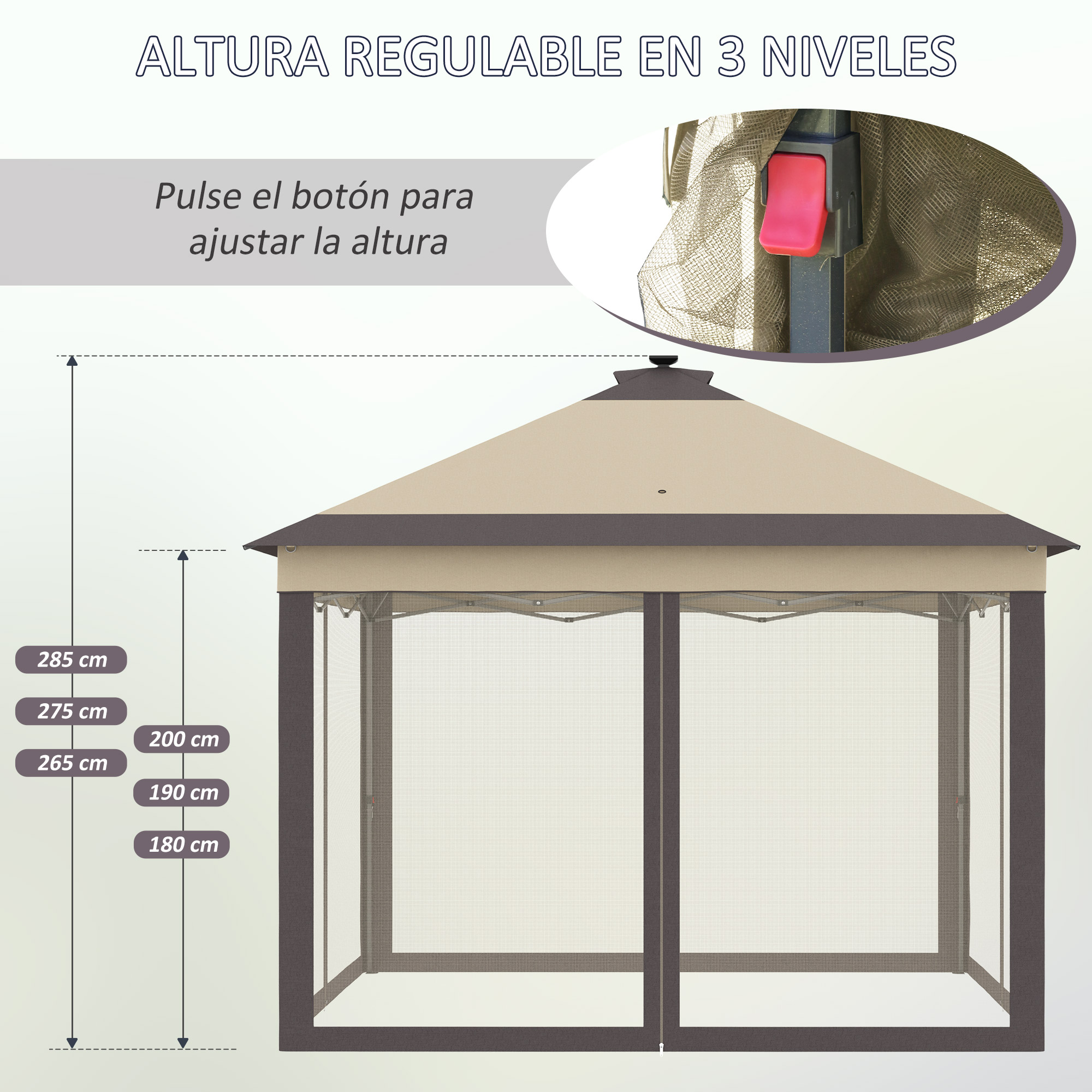 Se muestra un cenador beige y marrón con lados de malla y altura ajustable.