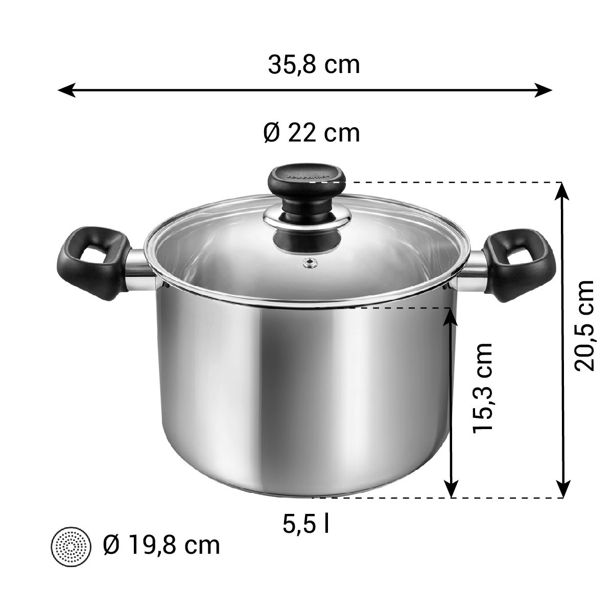 Edelstahltopf mit Glasdeckel, 22cm Durchmesser, 5,5 Liter Fassungsvermögen.