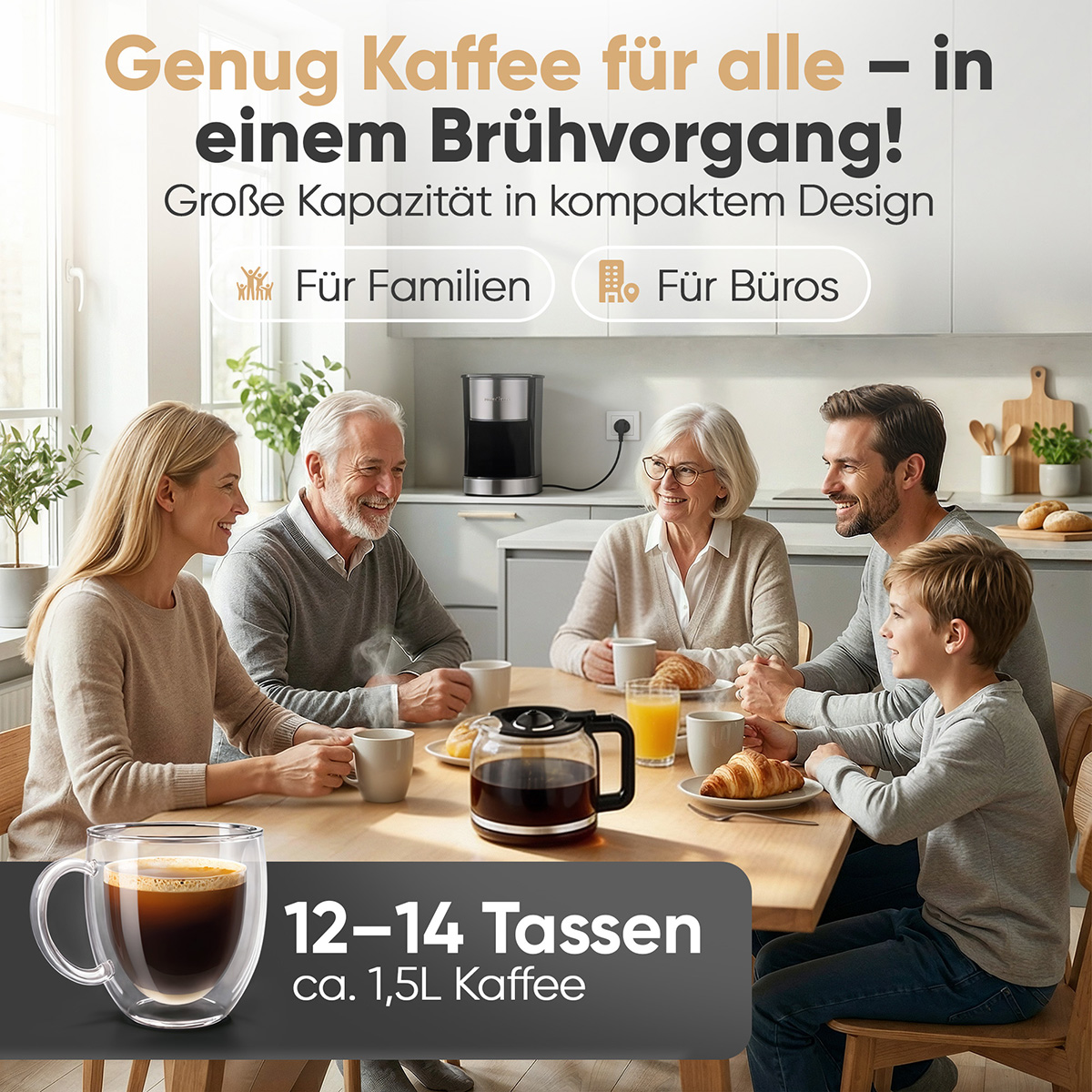Famiglia a tavola con caffettiera, caffè e pasticcini.