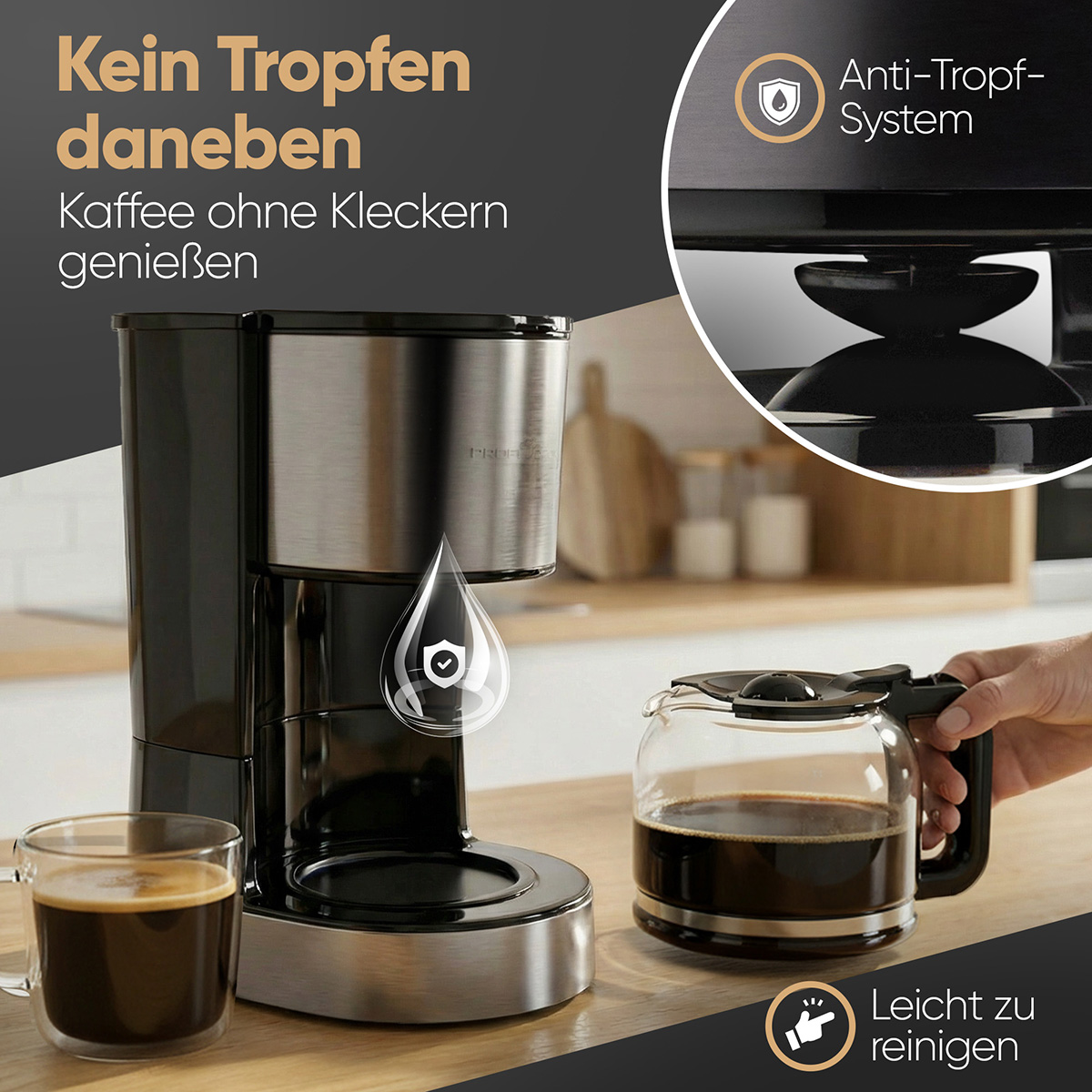 Macchina da caffè con sistema antigoccia e caraffa in vetro con caffè.