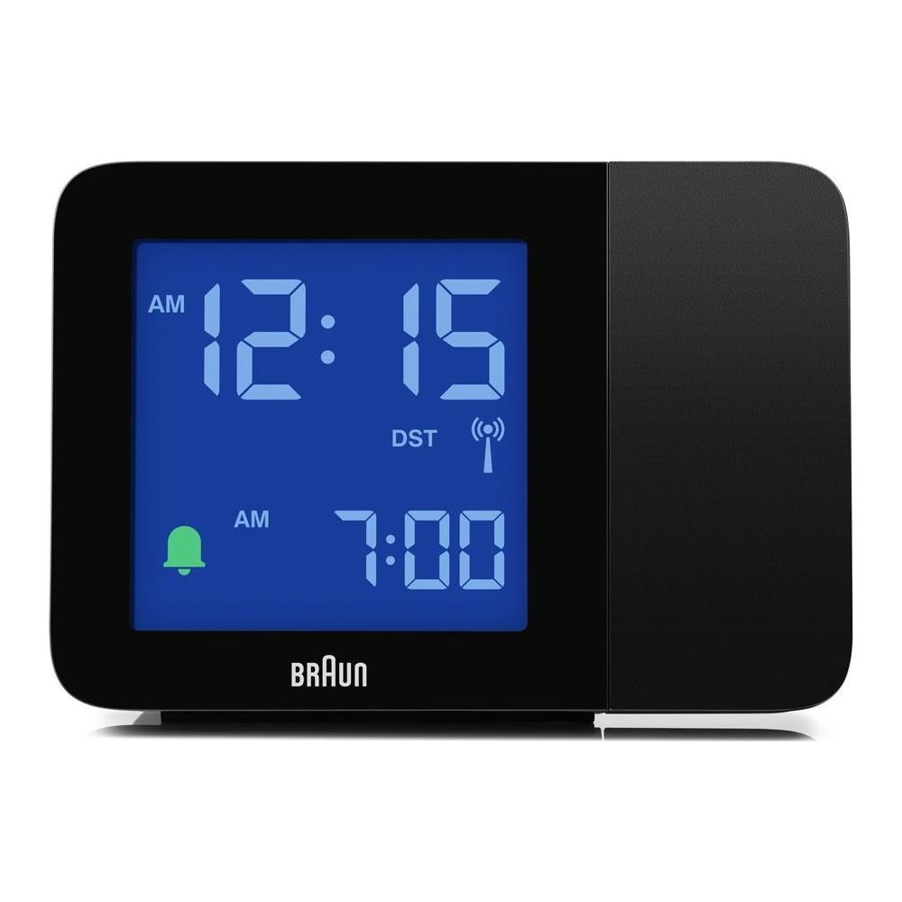 Horloge numérique avec écran bleu : 12:15 et 7:00, cloche d'alarme, DST.