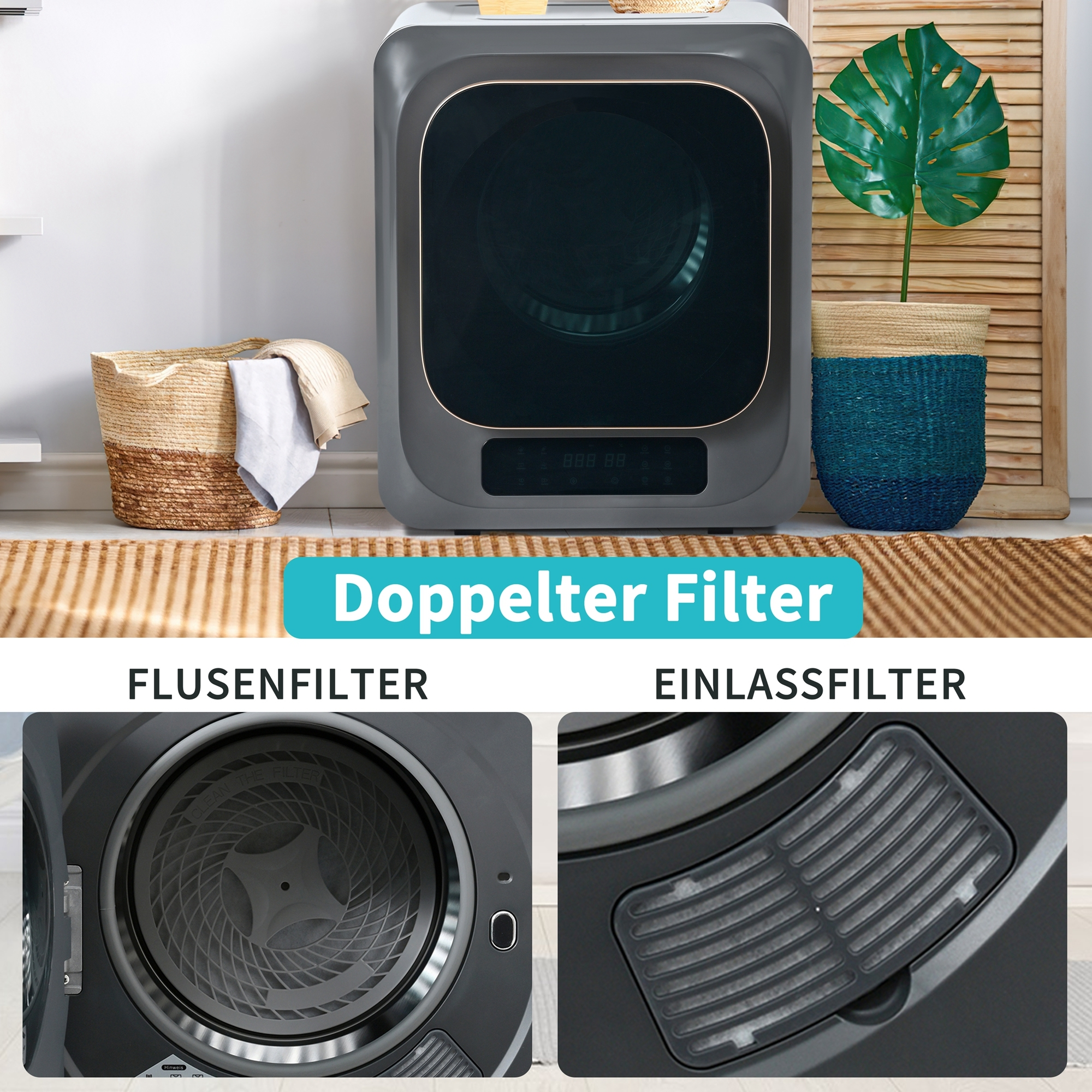Grauer Trockner mit zwei Filtern: Flusenfilter innen und Einlassfilter.