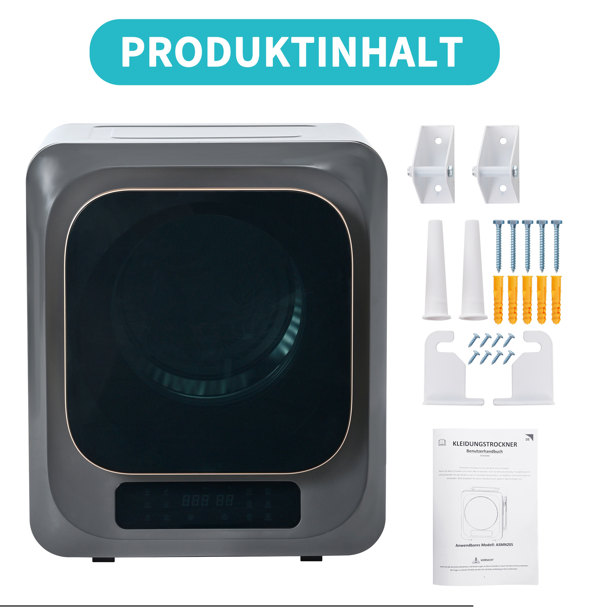 Produktinhalt mit Trockner, Halterungen, Schrauben, Dübeln und Handbuch.