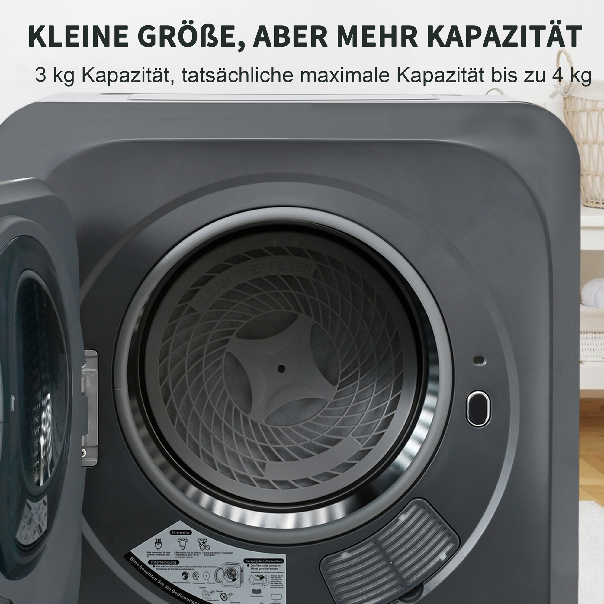 Grauer Wäschetrockner mit geöffneter Tür und sichtbarem Filter.