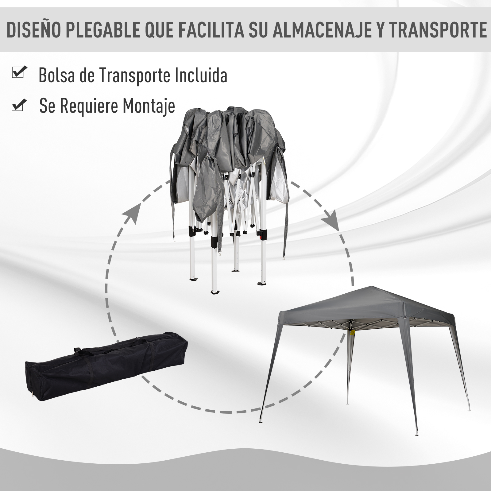 Un toldo gris, plegado y en una bolsa, se muestra armándose y desarmándose.