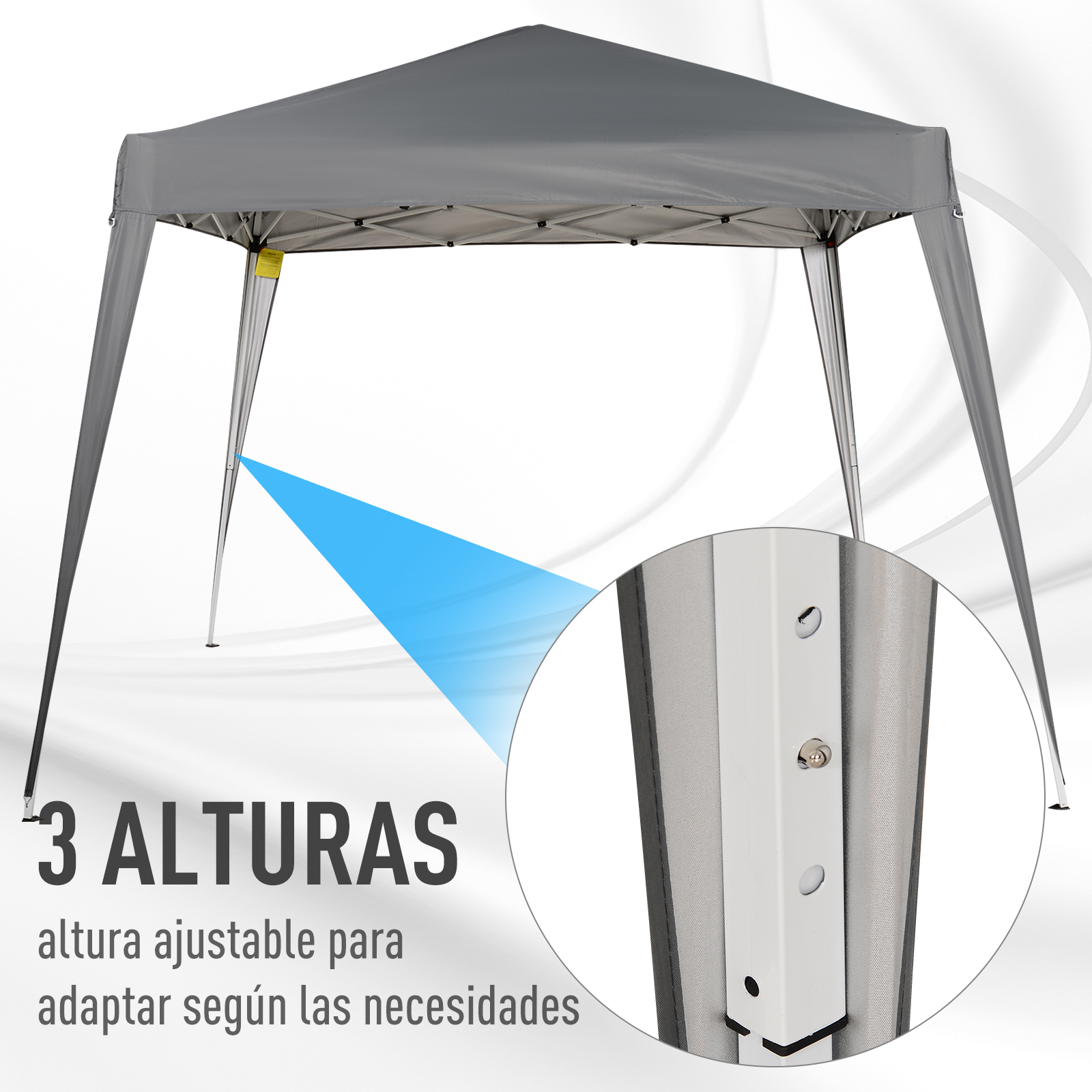 Tienda gris con 3 alturas ajustables y primer plano del ajuste de la pata.