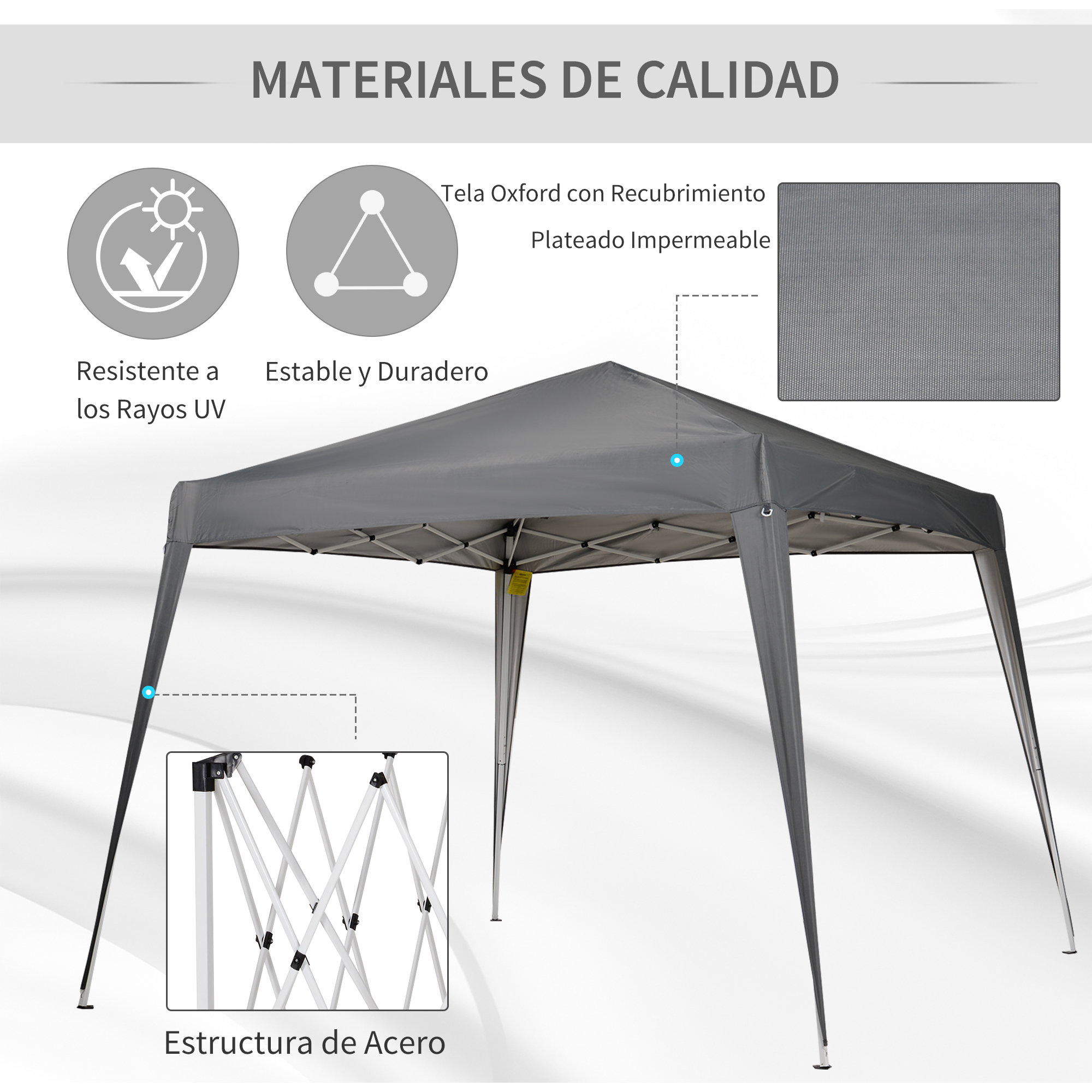 Carpa gris con estructura de acero. Resistente a UV, estable e impermeable.