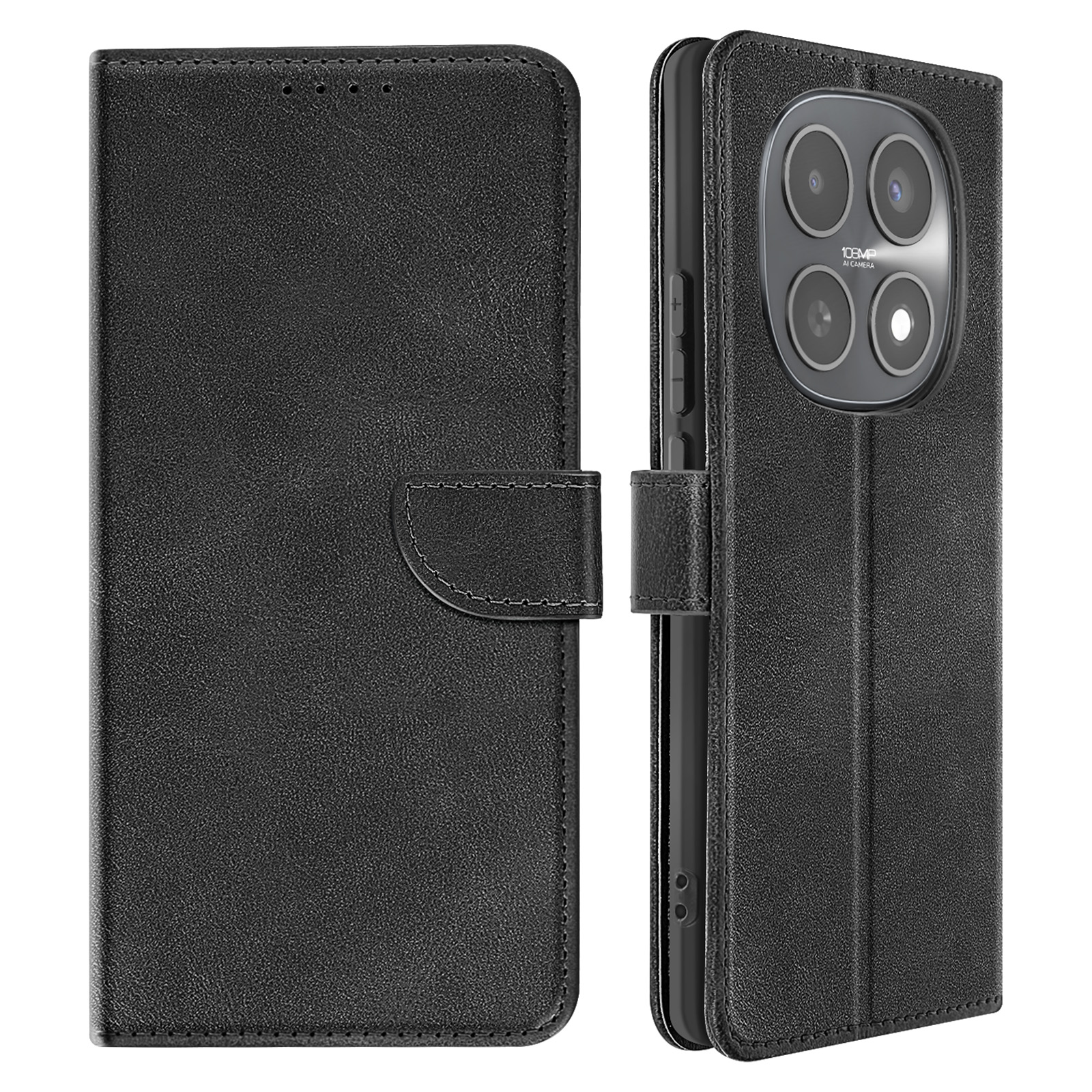 Custodia nera in pelle a libro per telefono con tre fotocamere.