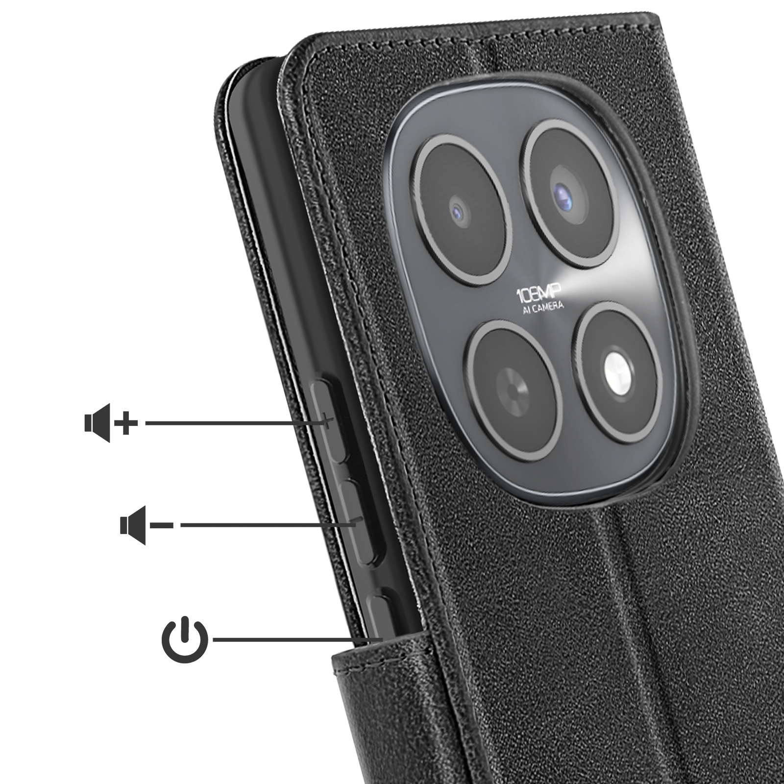 Telefono nero con fotocamera da 108MP, tasti volume e accensione.