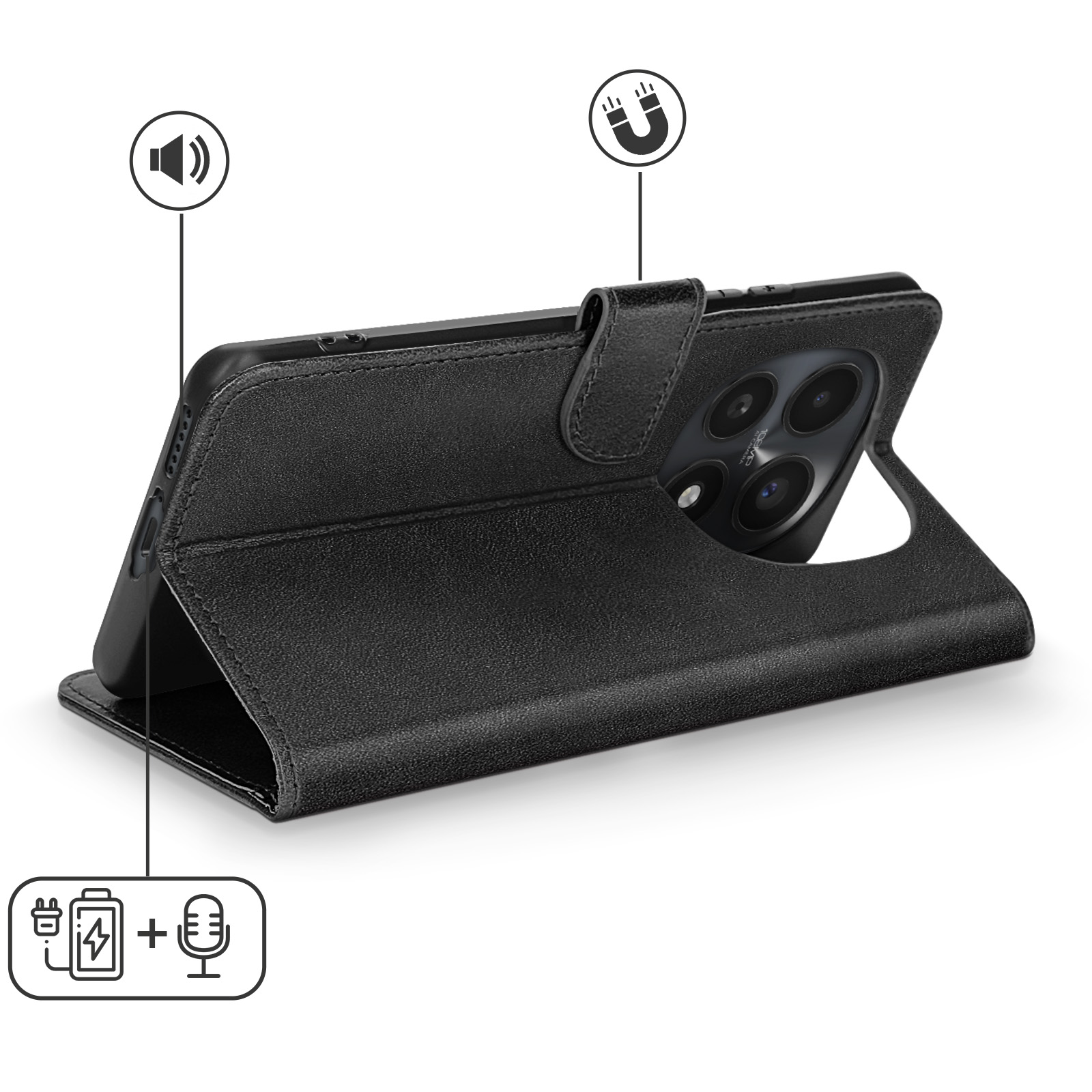 Custodia a libro in pelle nera per smartphone con chiusura magnetica e foro fotocamera.