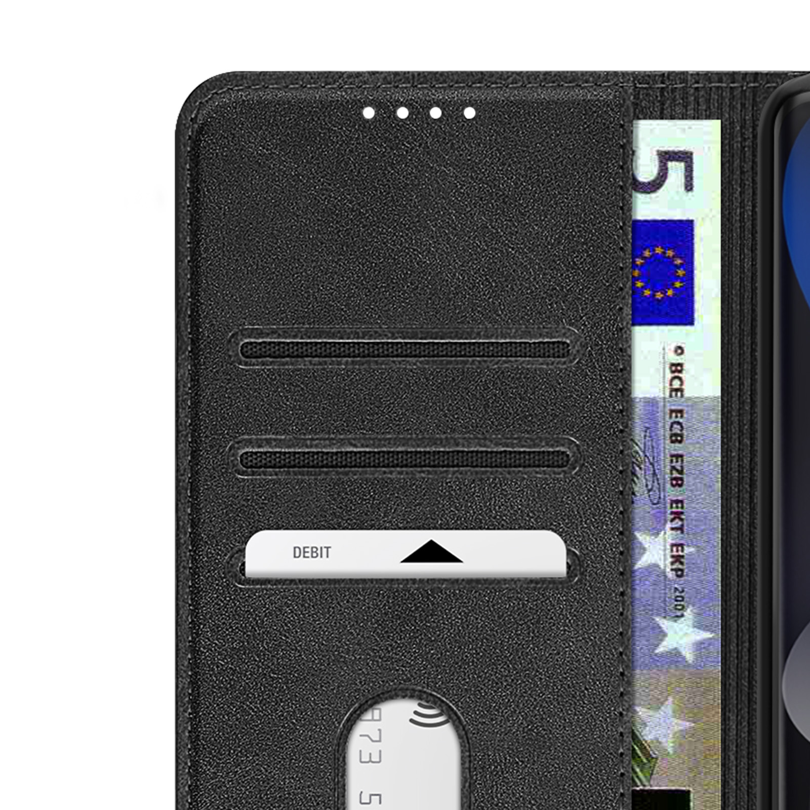 Custodia per telefono nera con slot per carte e banconota da 5 euro.