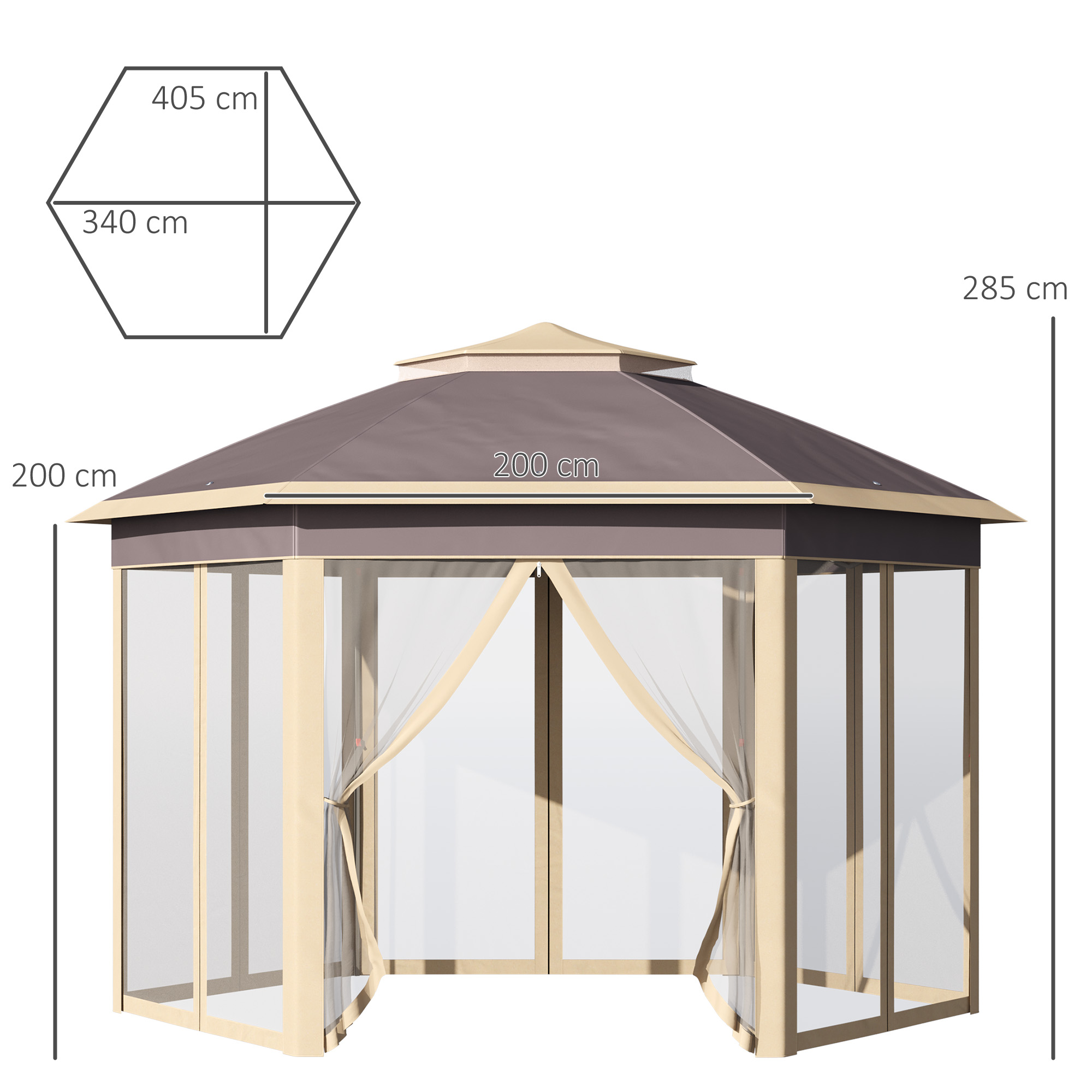 Un cenador hexagonal con techo marrón y postes beige claro, con cortinas.
