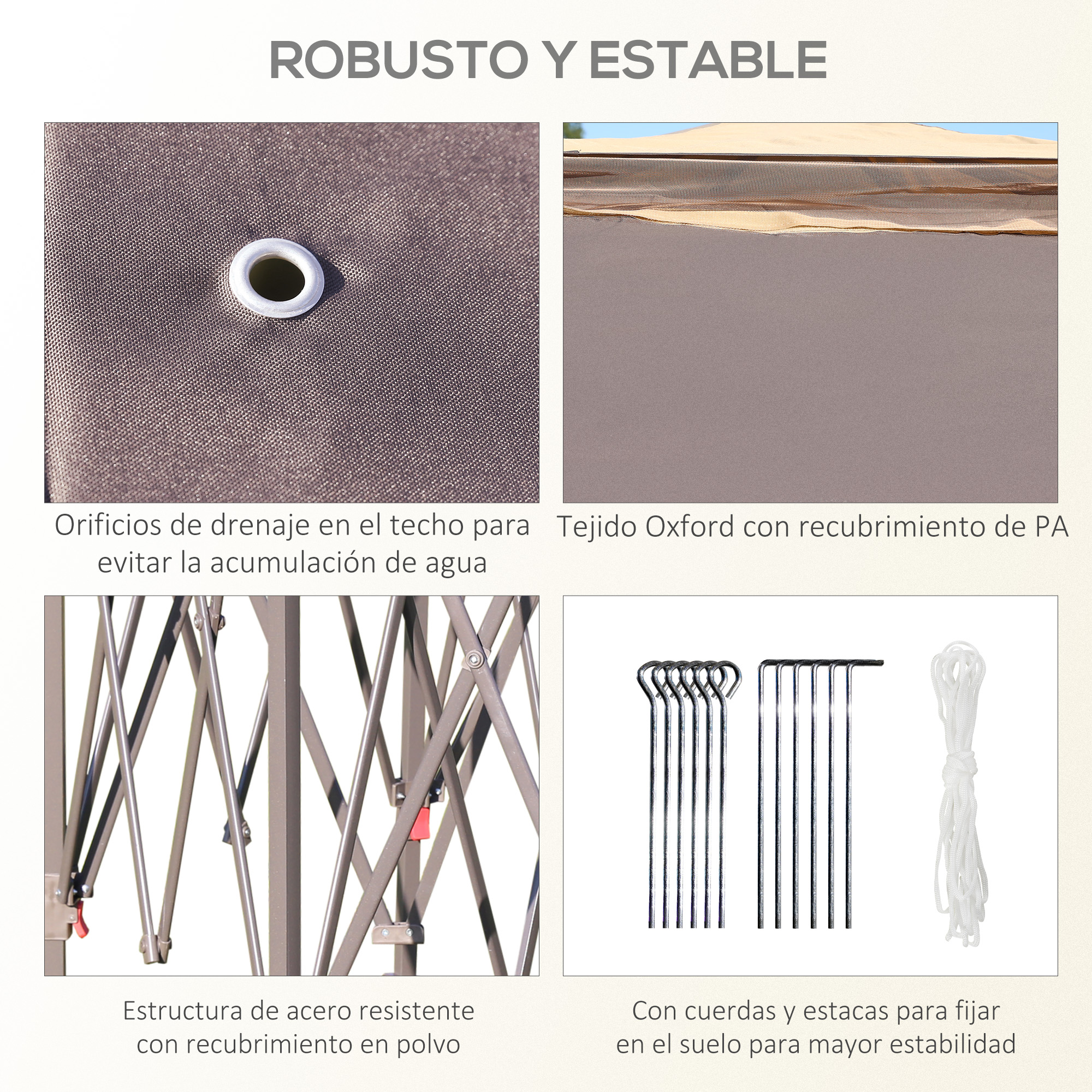Imagen muestra detalles de toldo: ojales, tela Oxford, marco de acero y estacas con cuerda.