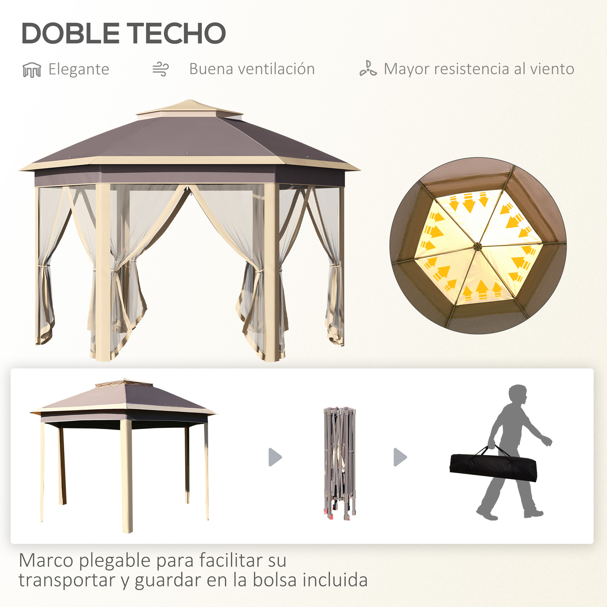 Un cenador de doble techo, con cortinas de malla y estructura plegable.