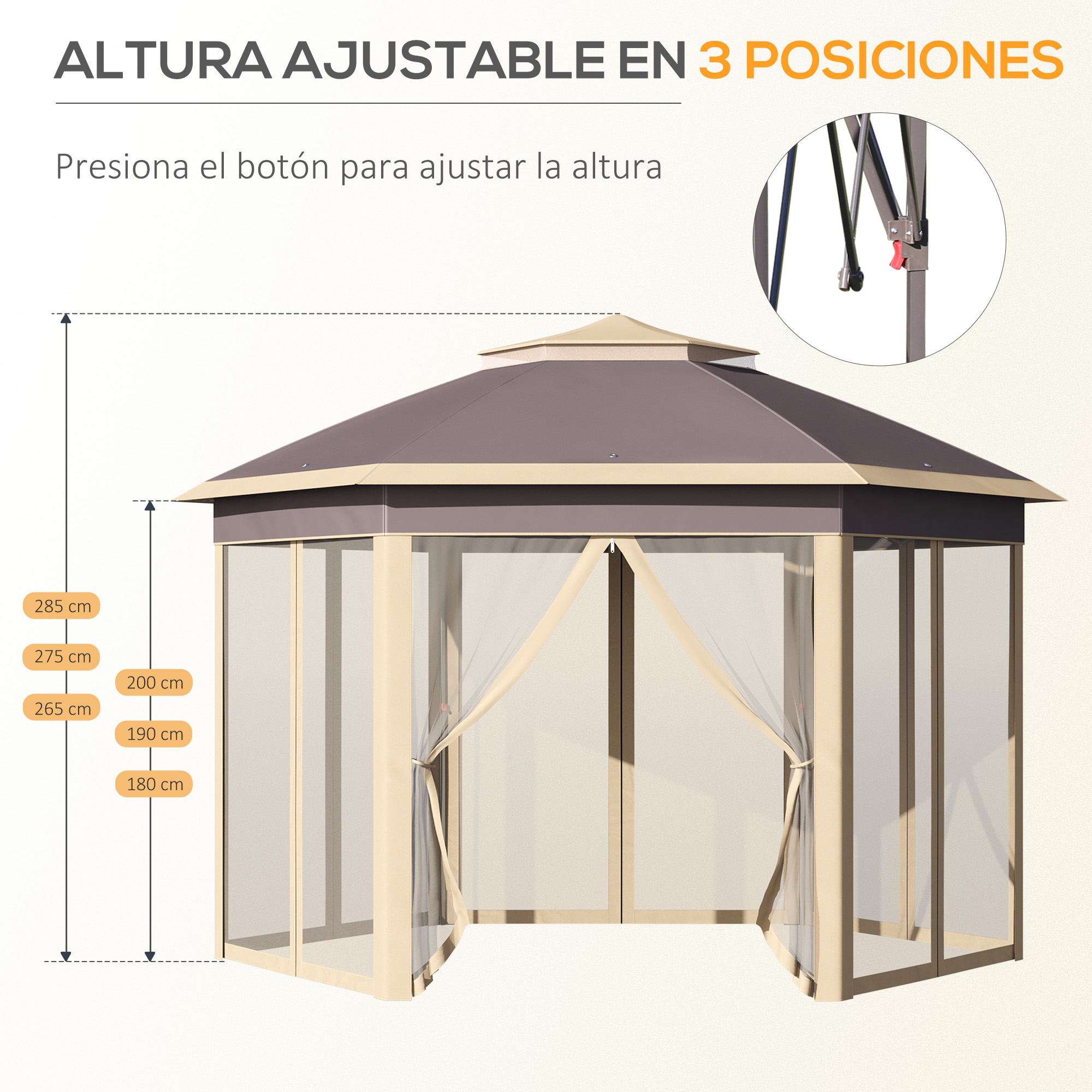 Gazebo ajustable con marcas de altura y detalle del mecanismo.