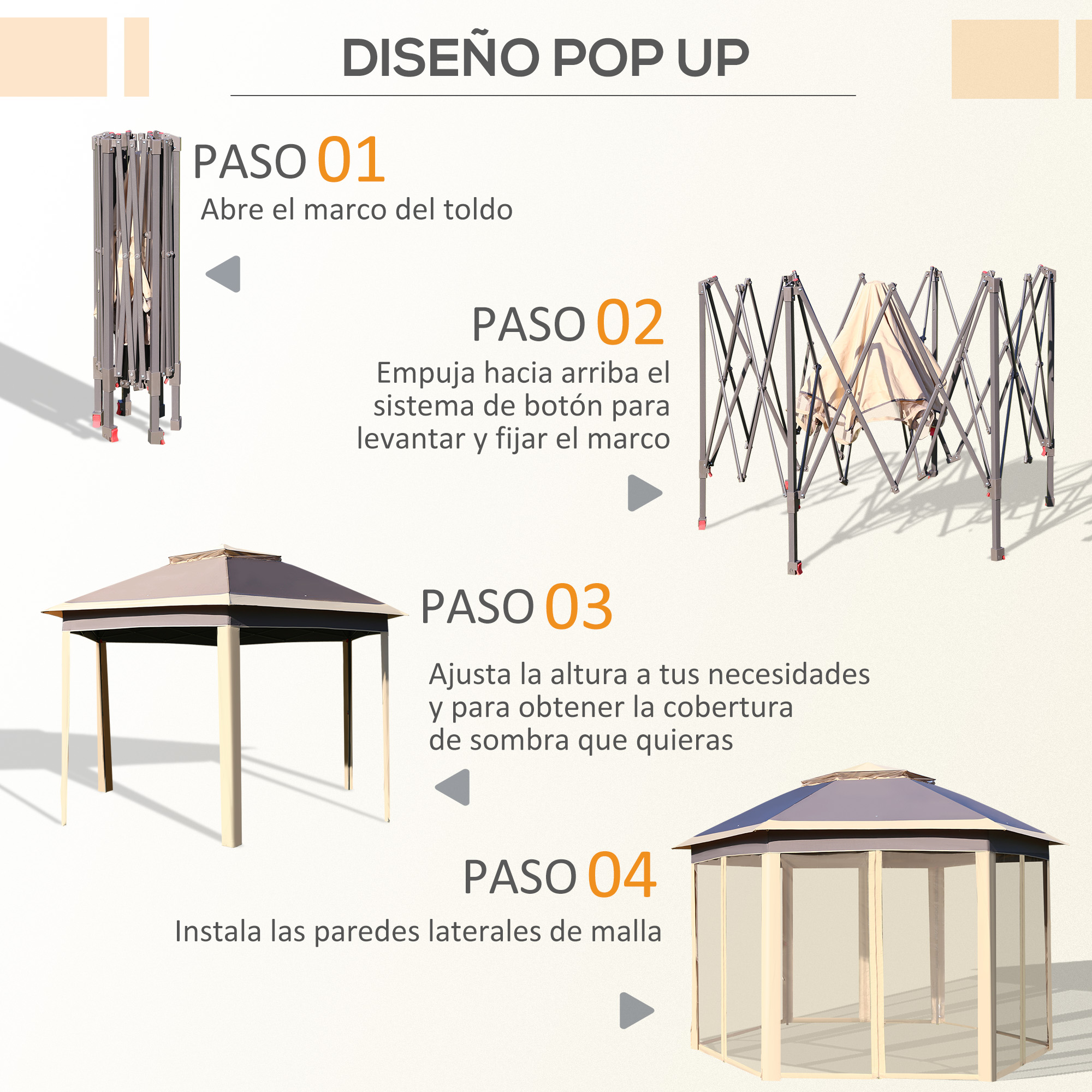 Guía paso a paso para un toldo pop-up: abrir marco, levantar, ajustar altura, añadir paredes.