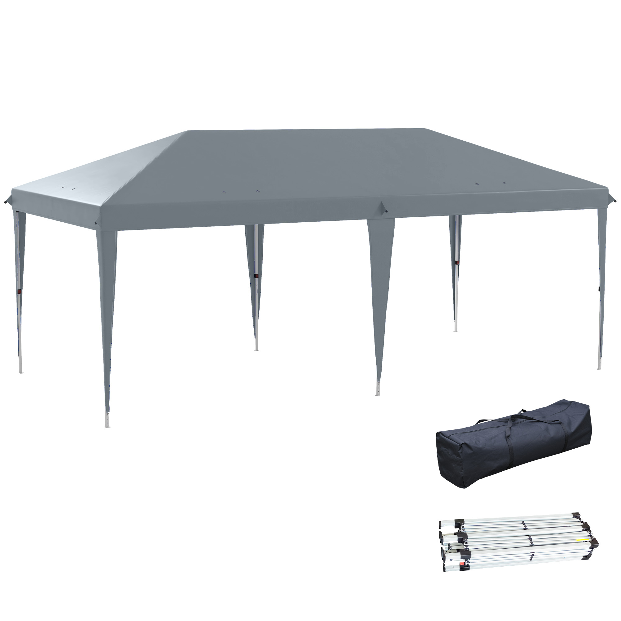 Una tenda gazebo grigia con borsa per il trasporto e telaio piegato.