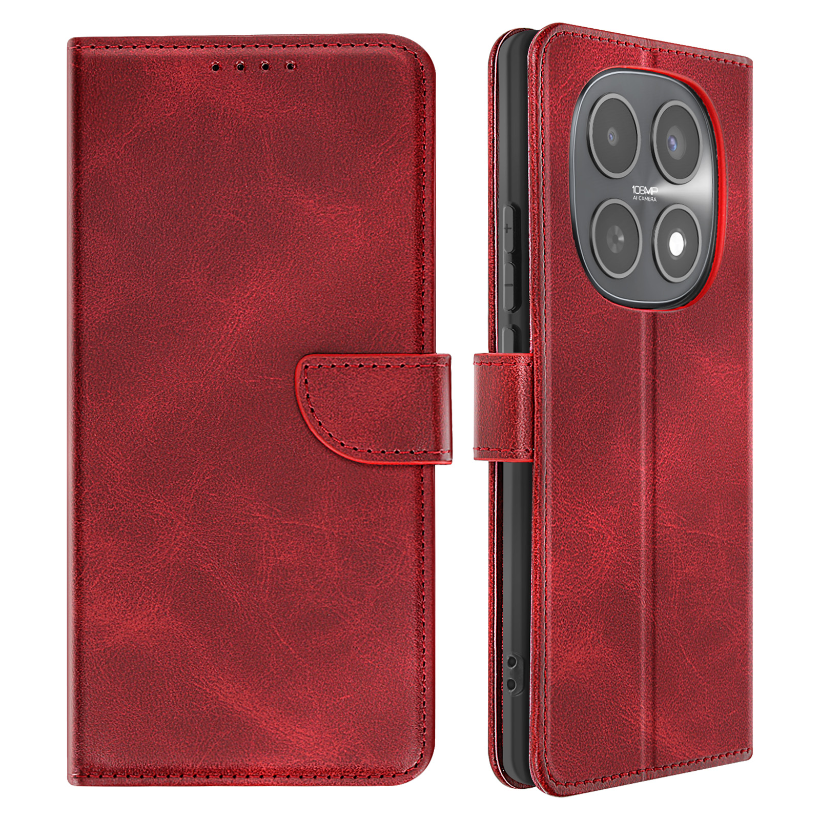 Custodia rossa aperta per telefono con fotocamera e chiusura.