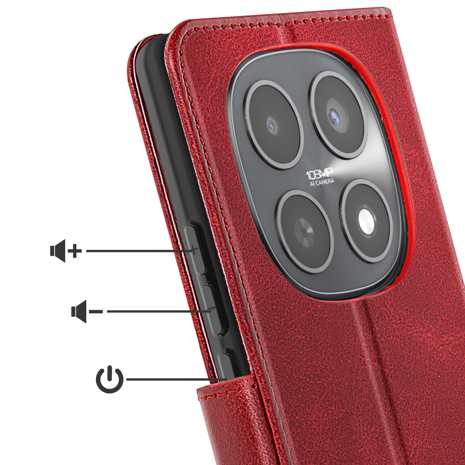 Custodia rossa per telefono con modulo fotocamera e pulsanti volume/accensione.