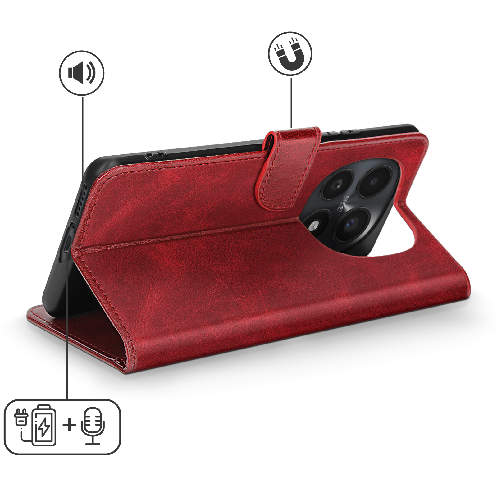 Custodia rossa per telefono con chiusura magnetica e icone per altoparlante, caricabatterie, microfono.