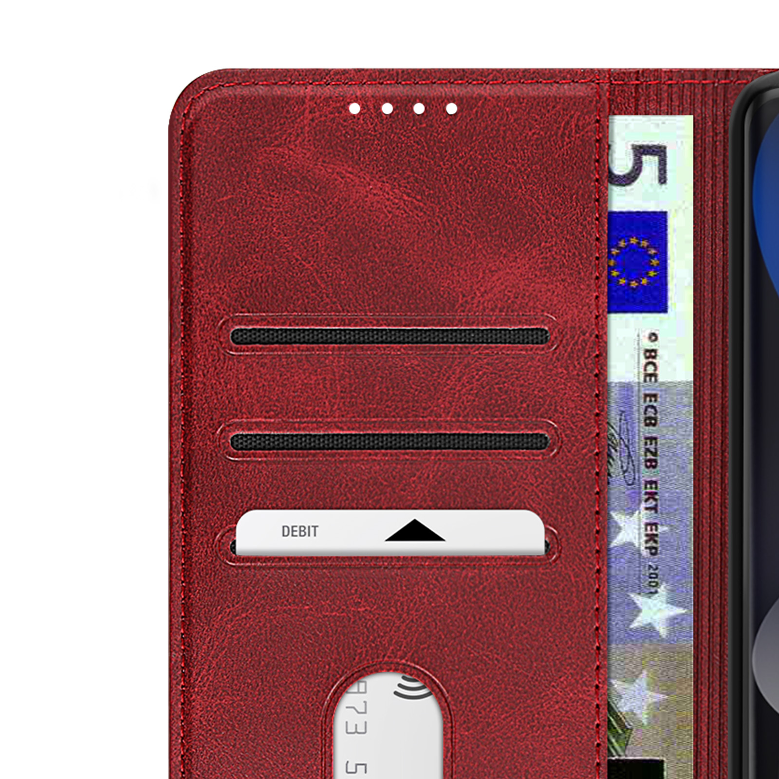 Custodia rossa per telefono con slot per carte e una banconota da 5 euro.