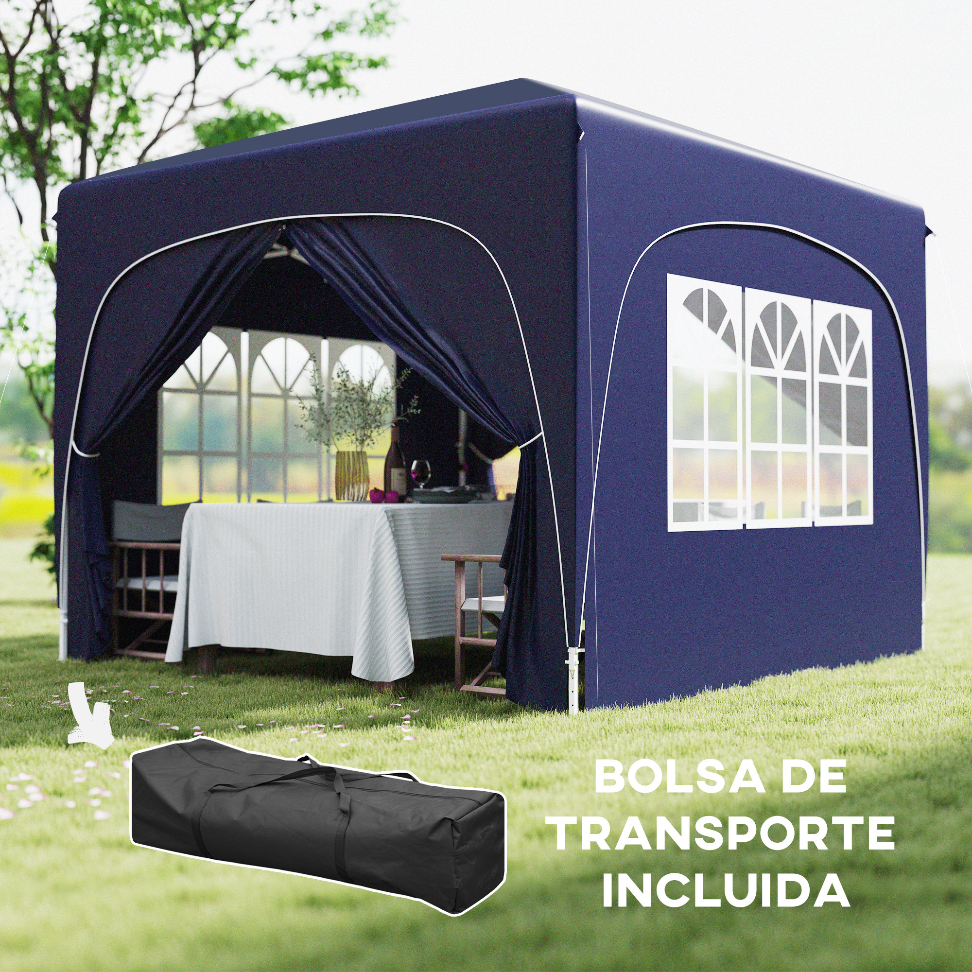 Un toldo azul oscuro con mesa blanca y sillas, sobre césped.