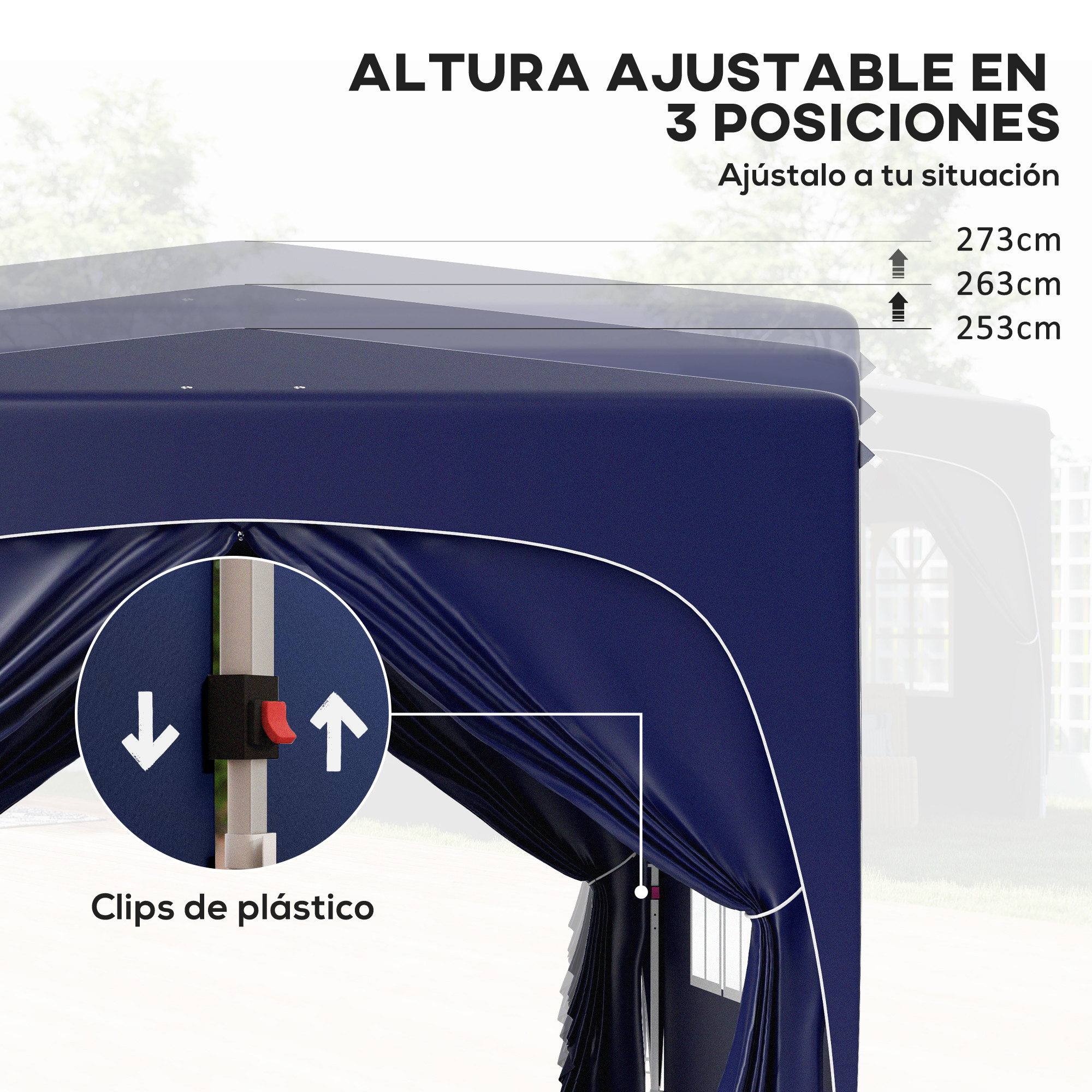 Tienda azul oscuro con 3 alturas: 253, 263, 273 cm. Clips plástico.