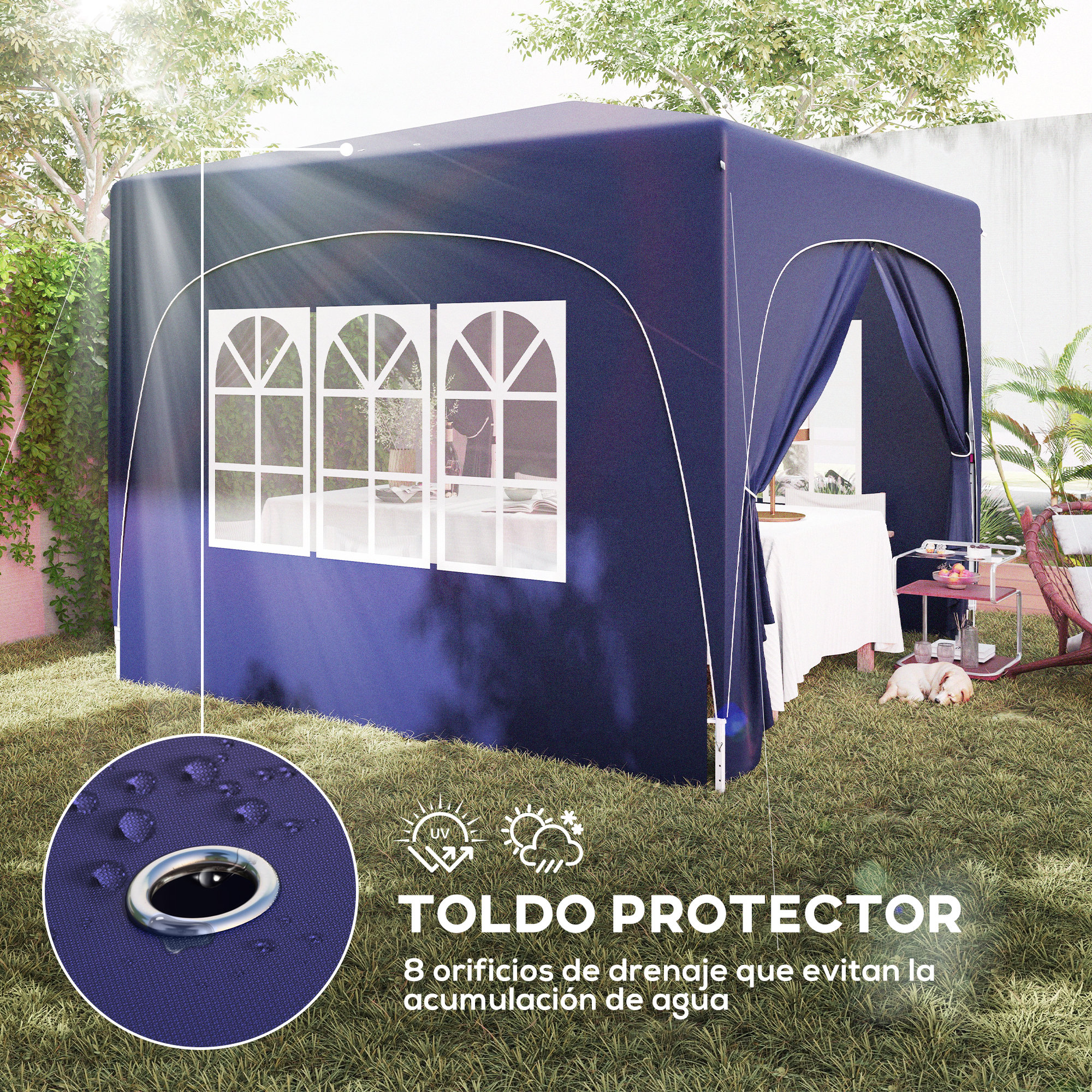 Una carpa azul oscuro sobre césped, con ventanas y un perro durmiendo cerca.