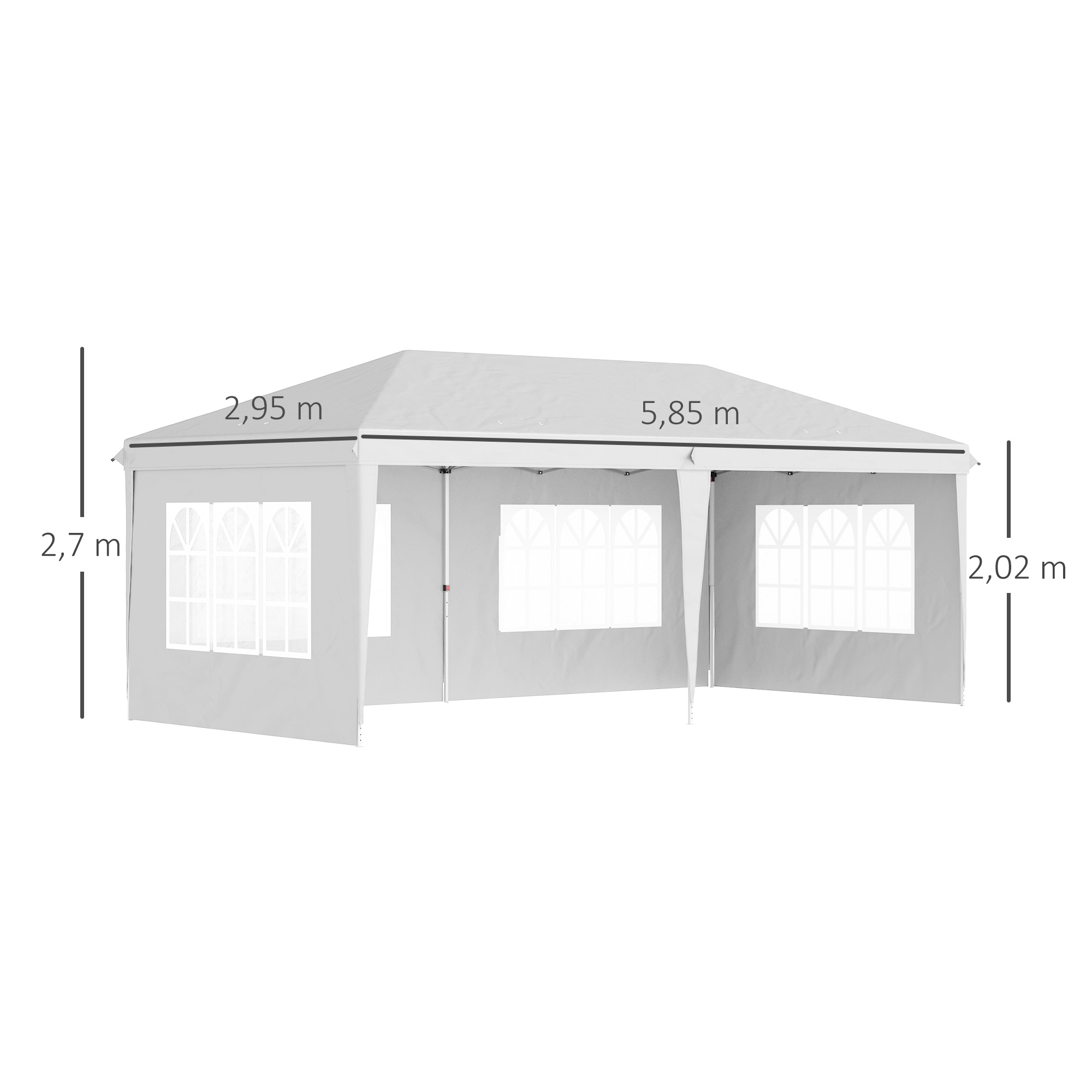 Una carpa blanca con ventanas, se muestran las dimensiones.
