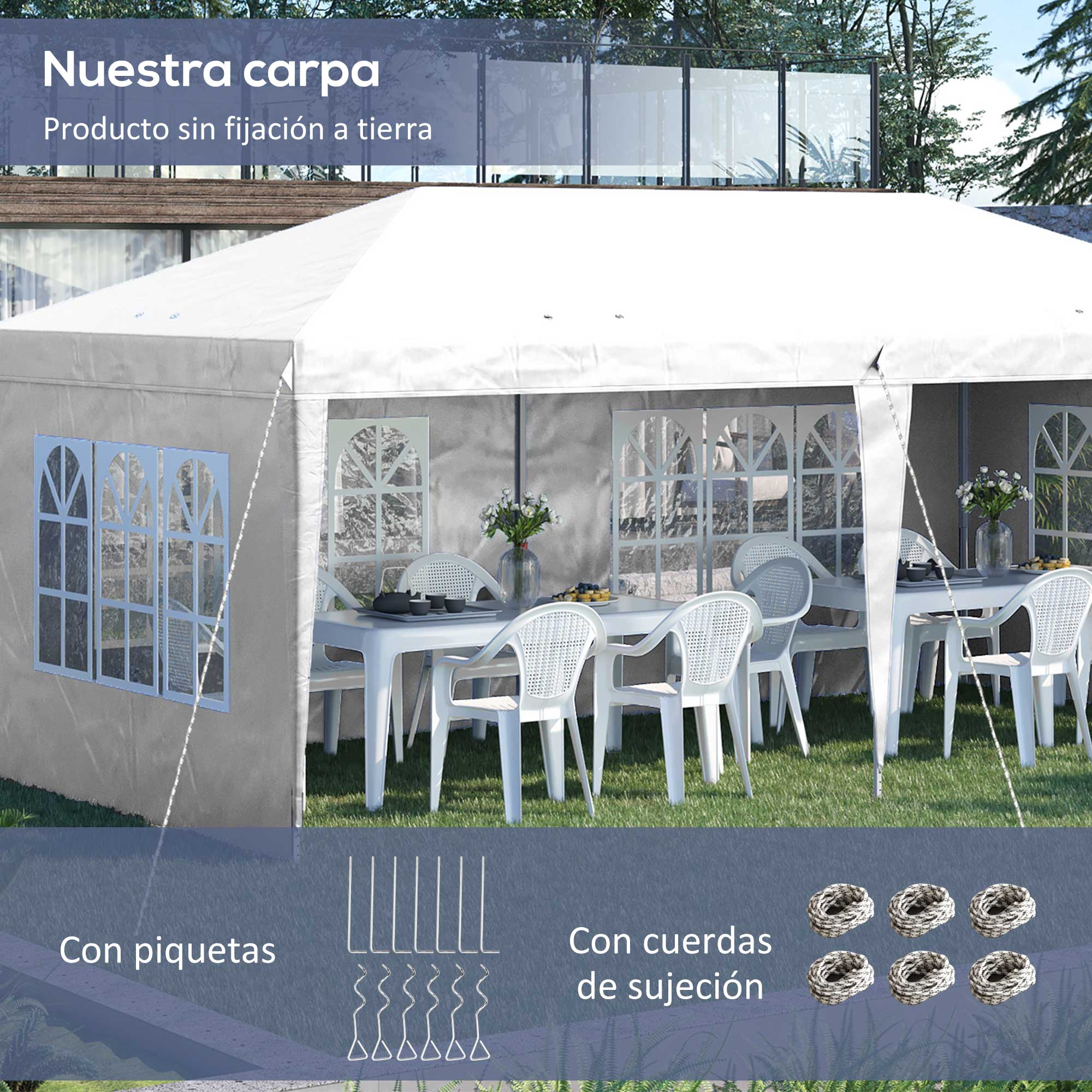 Una carpa blanca con mesas y sillas, accesorios como estacas y cuerdas.