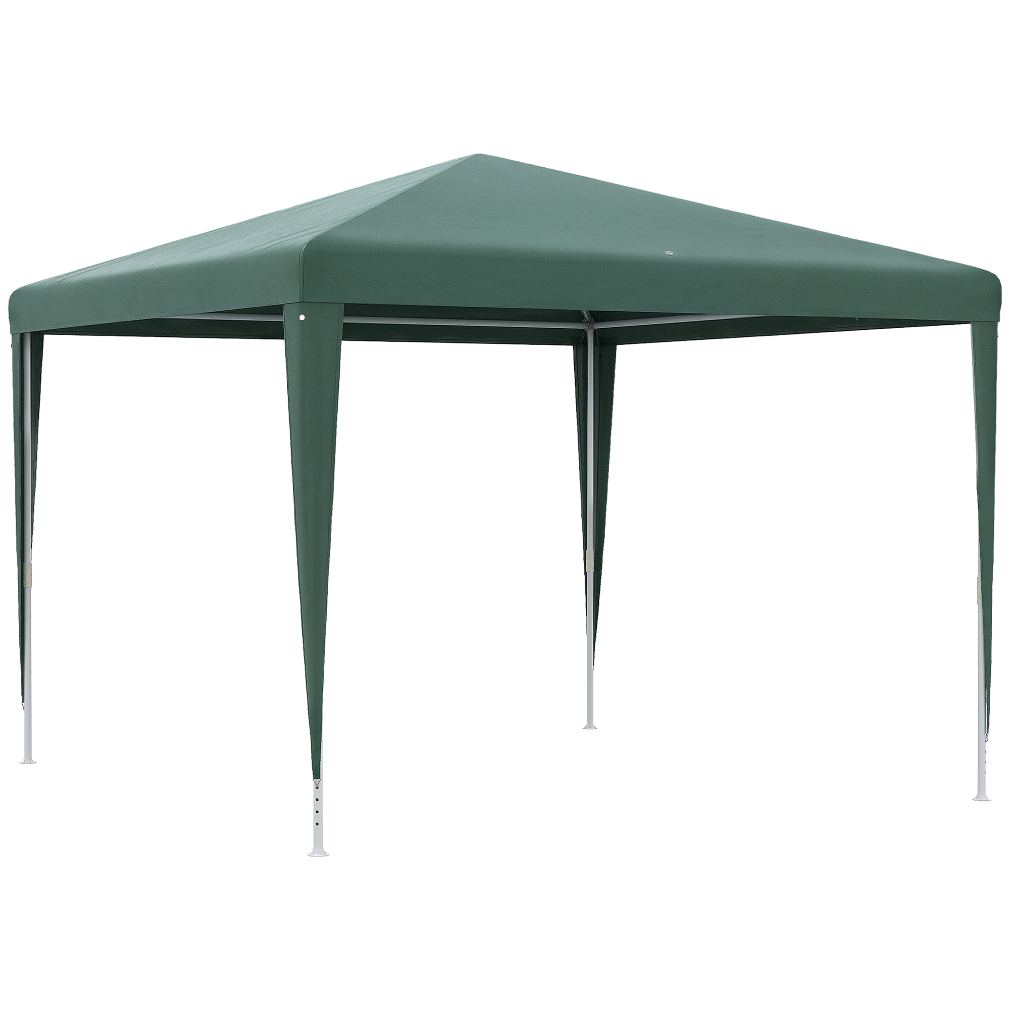 Una tenda a padiglione verde scuro con telaio in metallo bianco.