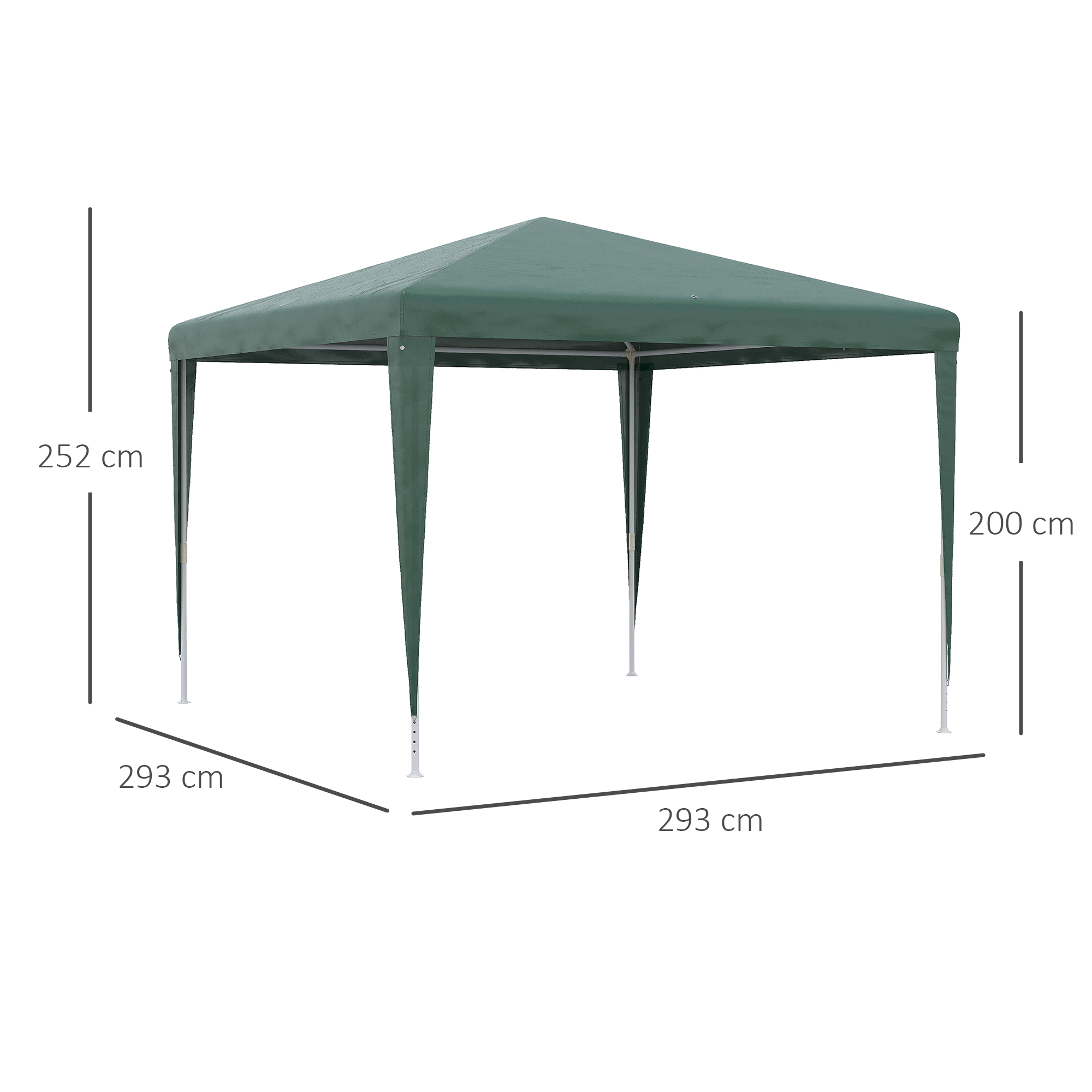 Un gazebo verde misura 293x293 cm e alto 252 cm.