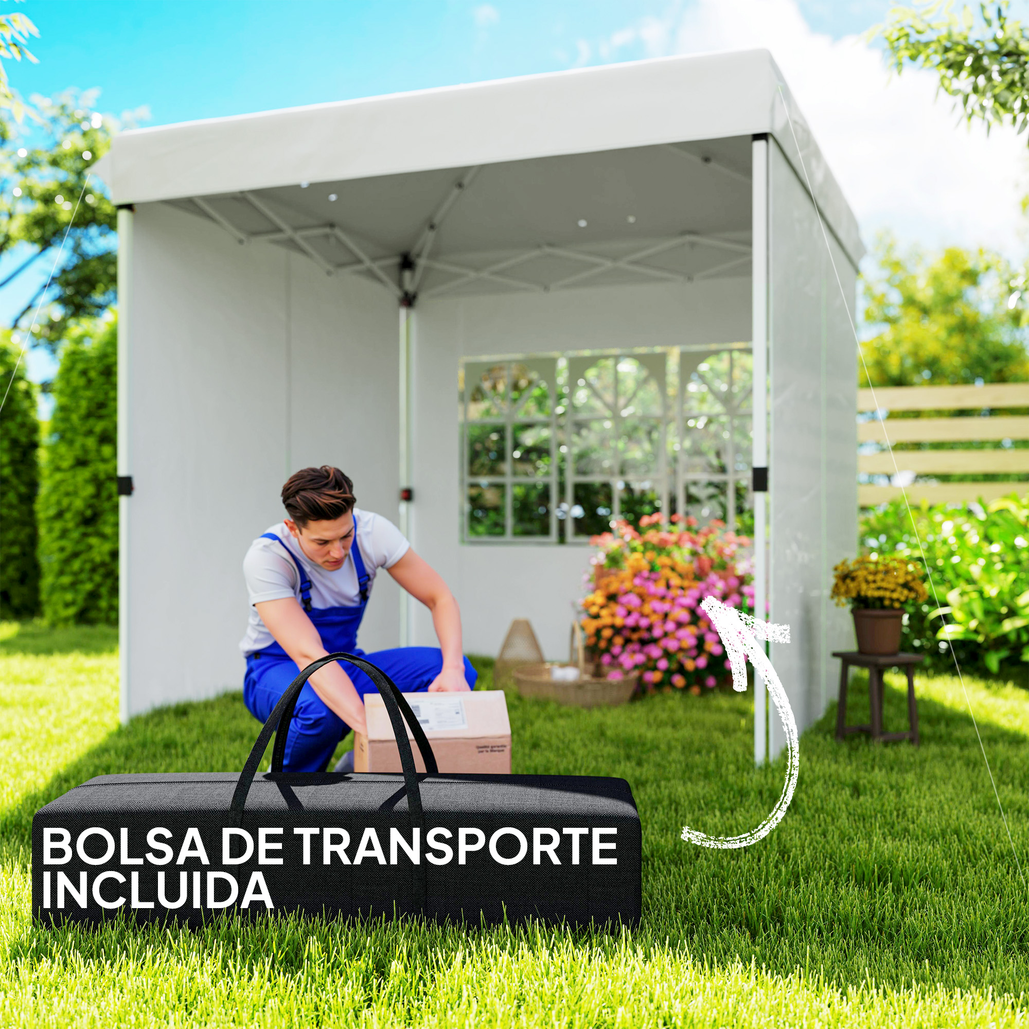 Hombre con peto azul empaca caja en carpa blanca. Bolsa negra delante.