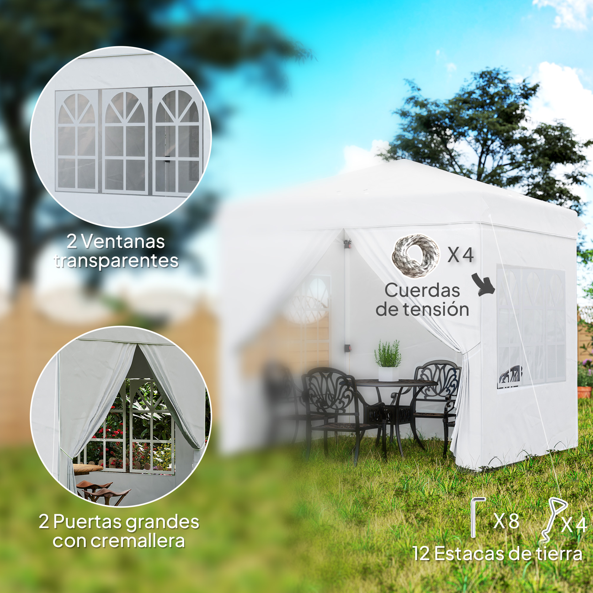 Una carpa blanca con ventanas, puerta, mesa y sillas al aire libre.