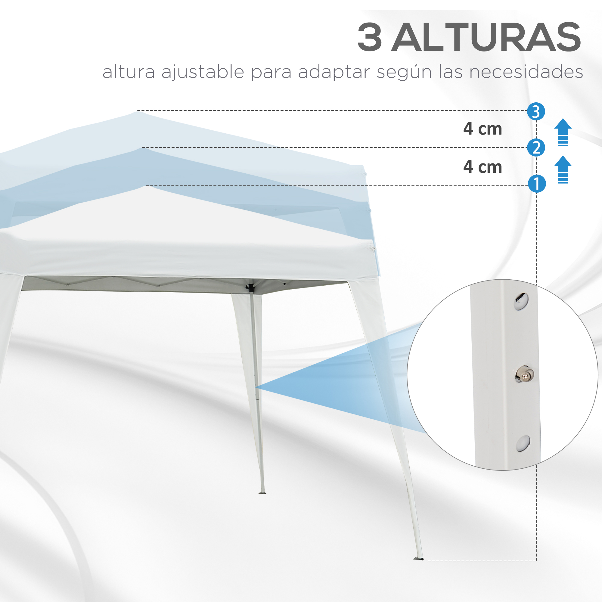 Una carpa blanca que muestra 3 niveles de altura, cada uno ajustable en 4 cm.