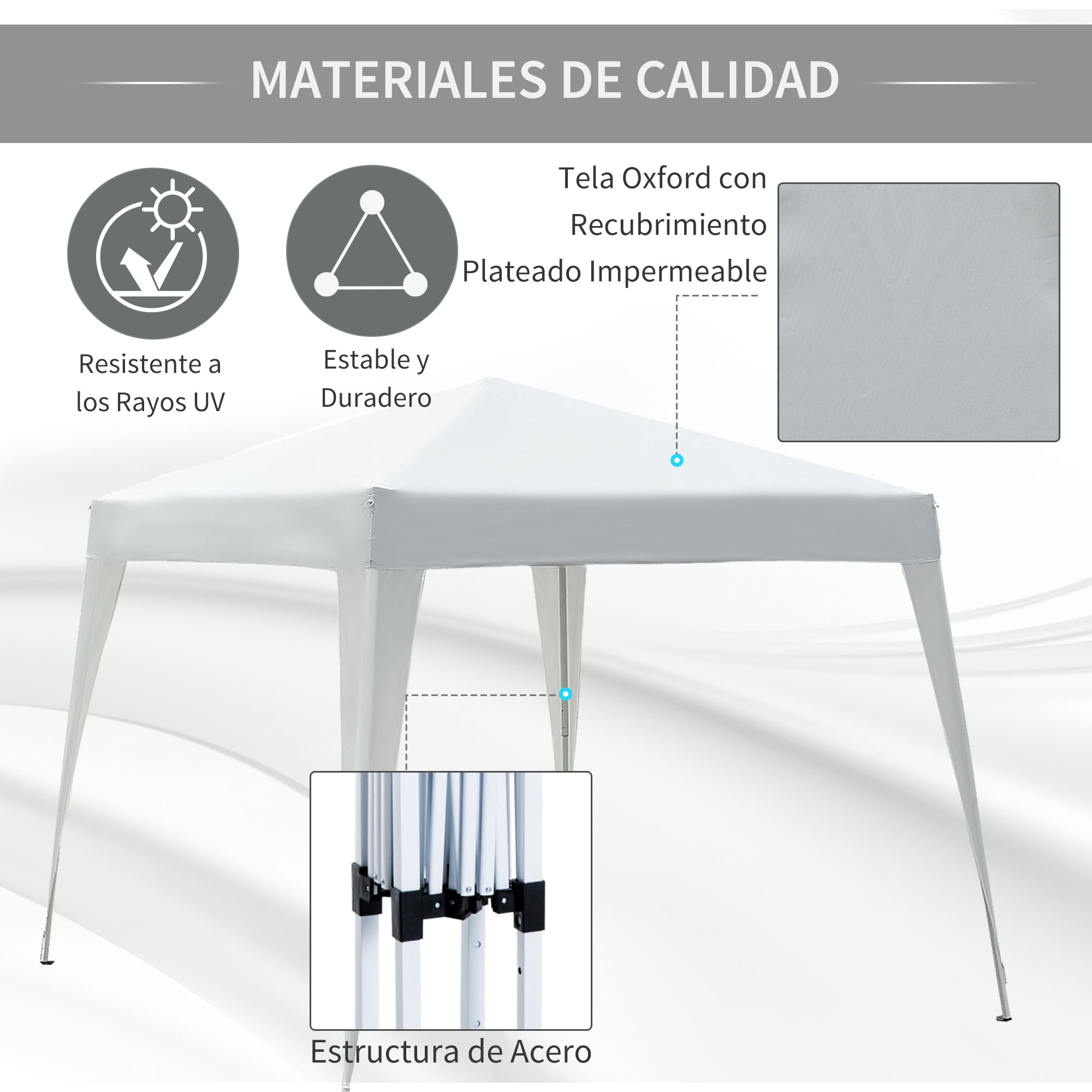 Una carpa blanca con marco de acero y tela Oxford, resistente a UV.