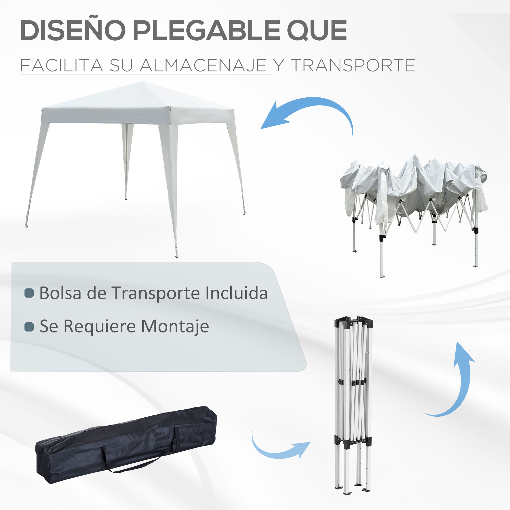 Tienda blanca, marco desmontado, bolsa de transporte negra e instrucciones.